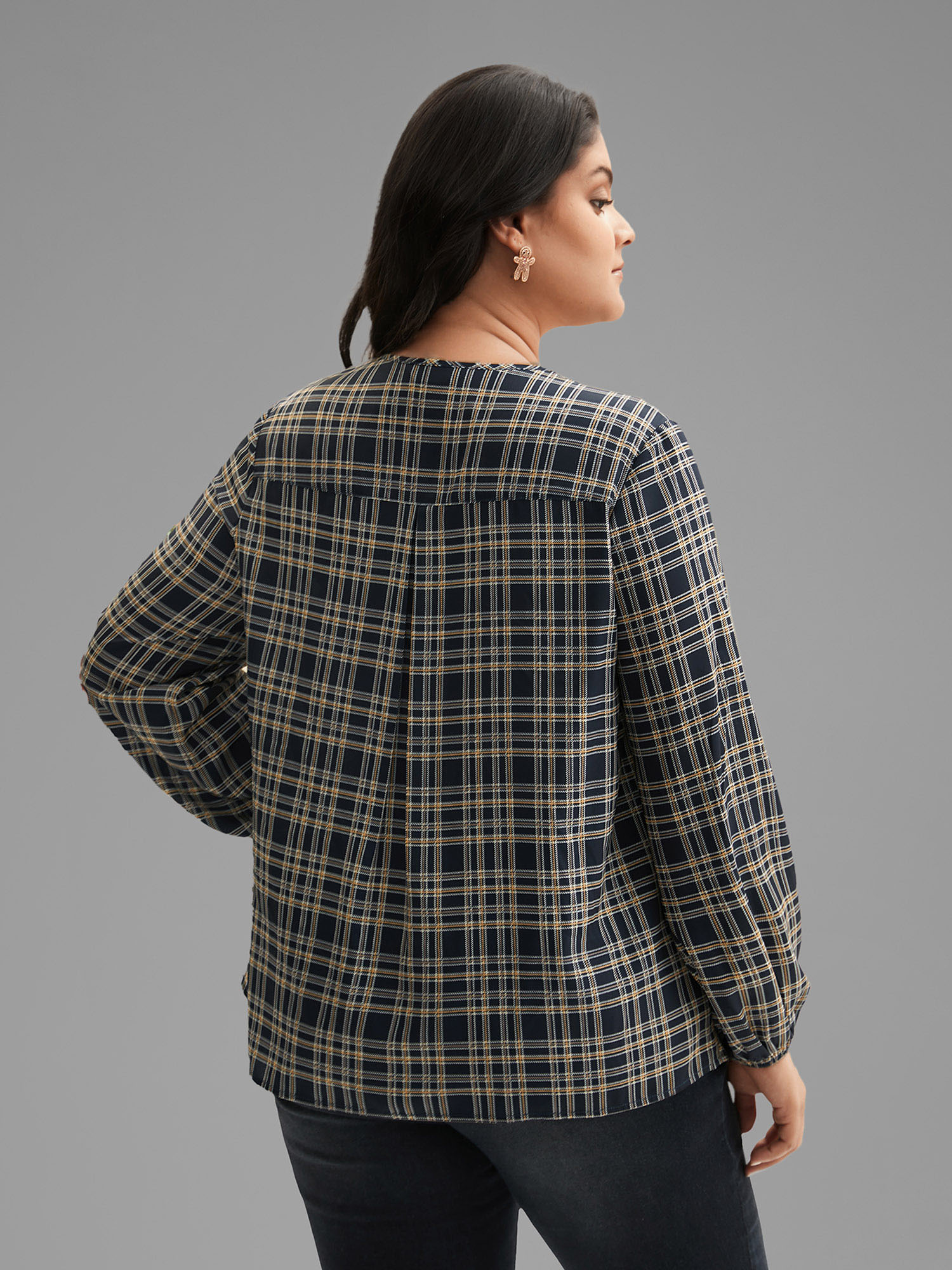 Plus Size Indigo Plaid Zipper Front Lantern Sleeve Blouse Women Elegant Long Sleeve V-neck Everyday Blouses BloomChic 14-16/1X 