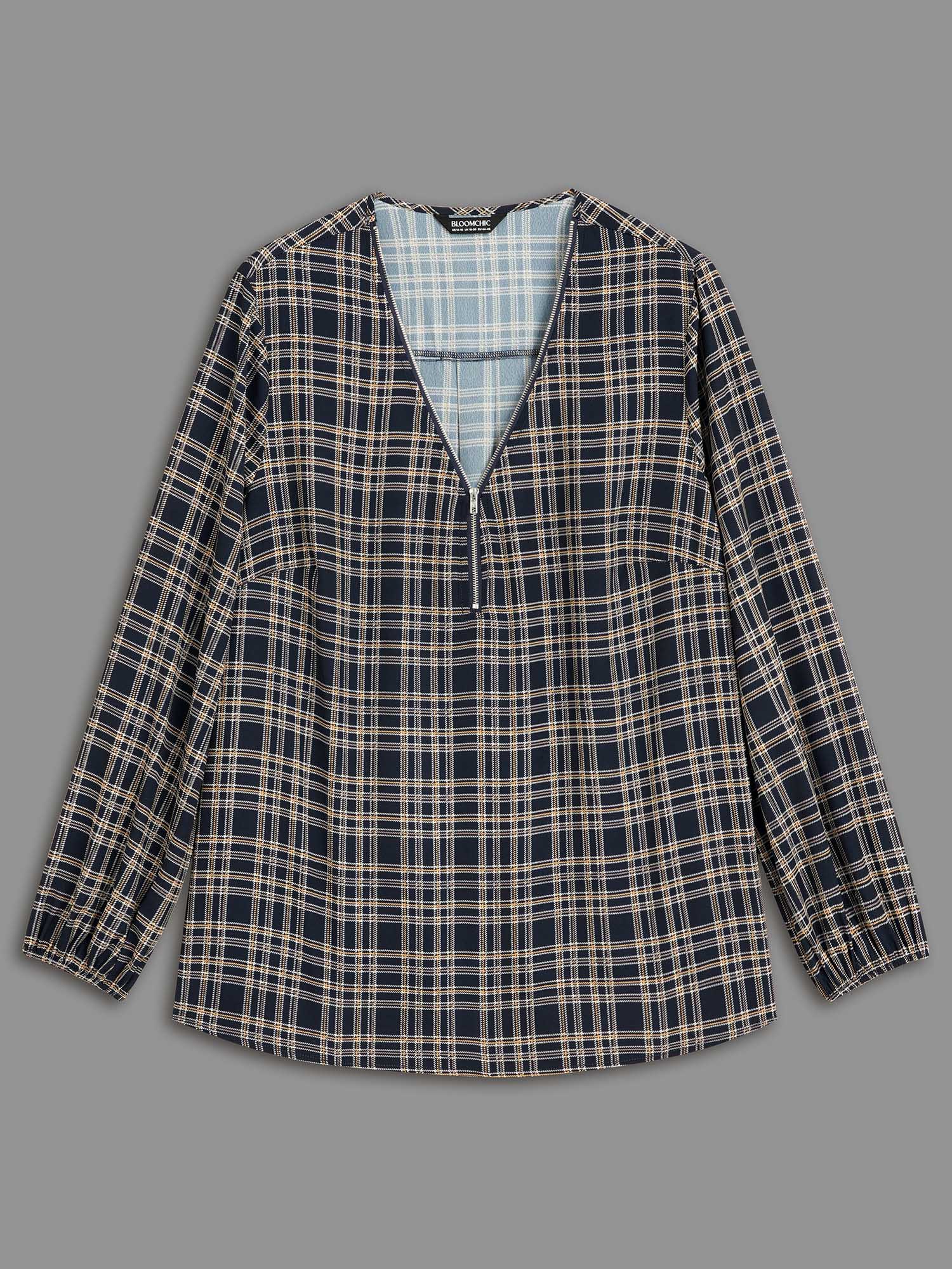 Plus Size Indigo Plaid Zipper Front Lantern Sleeve Blouse Women Elegant Long Sleeve V-neck Everyday Blouses BloomChic 14-16/1X 