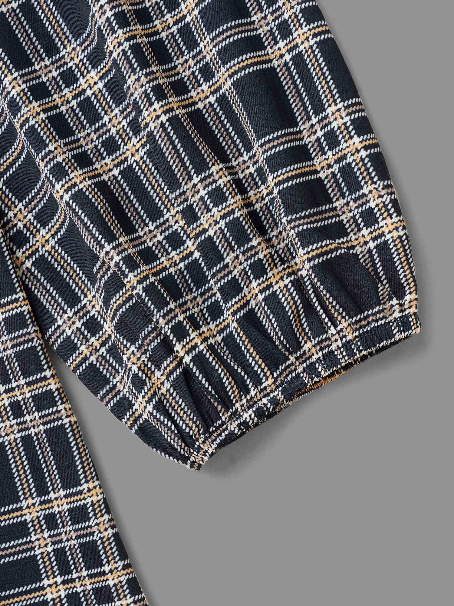 Plus Size Indigo Plaid Zipper Front Lantern Sleeve Blouse Women Elegant Long Sleeve V-neck Everyday Blouses BloomChic 14-16/1X 