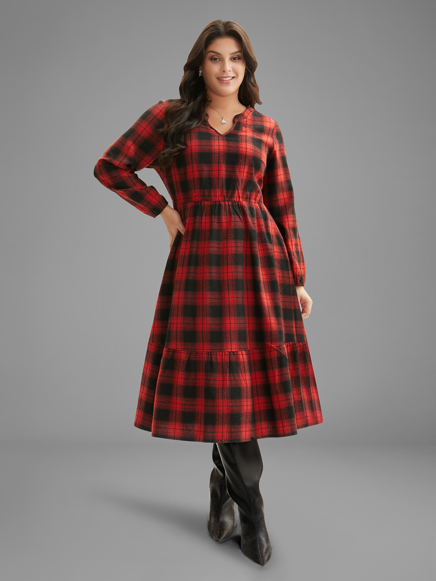 

Plus Size Plaid Notched Collar Elastic Waist Midi Dress Burgundy Women Casual Non Party Curvy Bloomchic