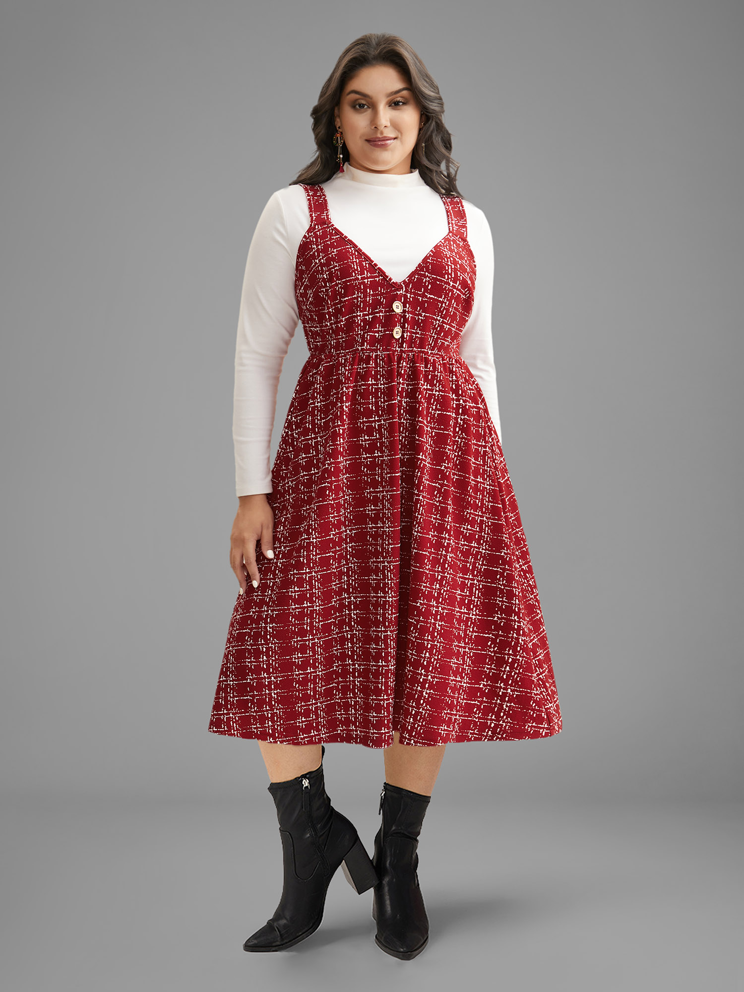 

Plus Size Plaid Cami Front Button Midi Dress Scarlet Women Elegant Button Deep V-neck Sleeveless Curvy BloomChic