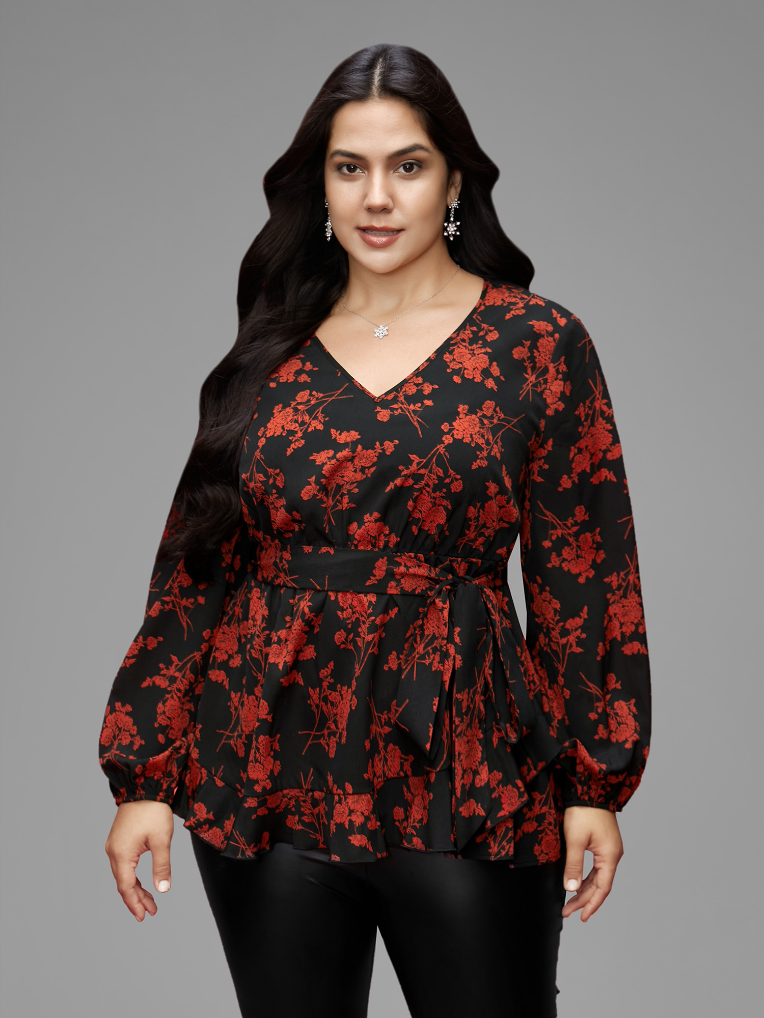 

Plus Size Black Elastic Waist-Tie Floral V-neck Blouse Women Elegant Long Sleeve V-neck Everyday Blouses BloomChic