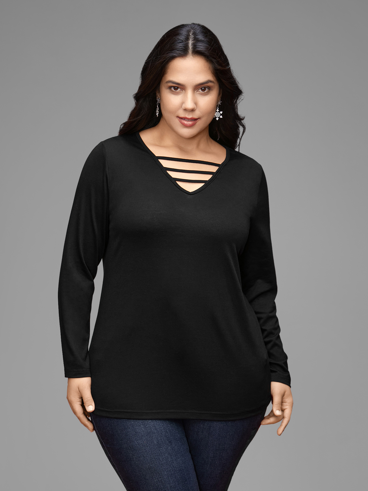 

Plus Size V-neck Cut Out Straight Fit Tee Black Women Casual Cut-Out V-neck Everyday T-shirts BloomChic