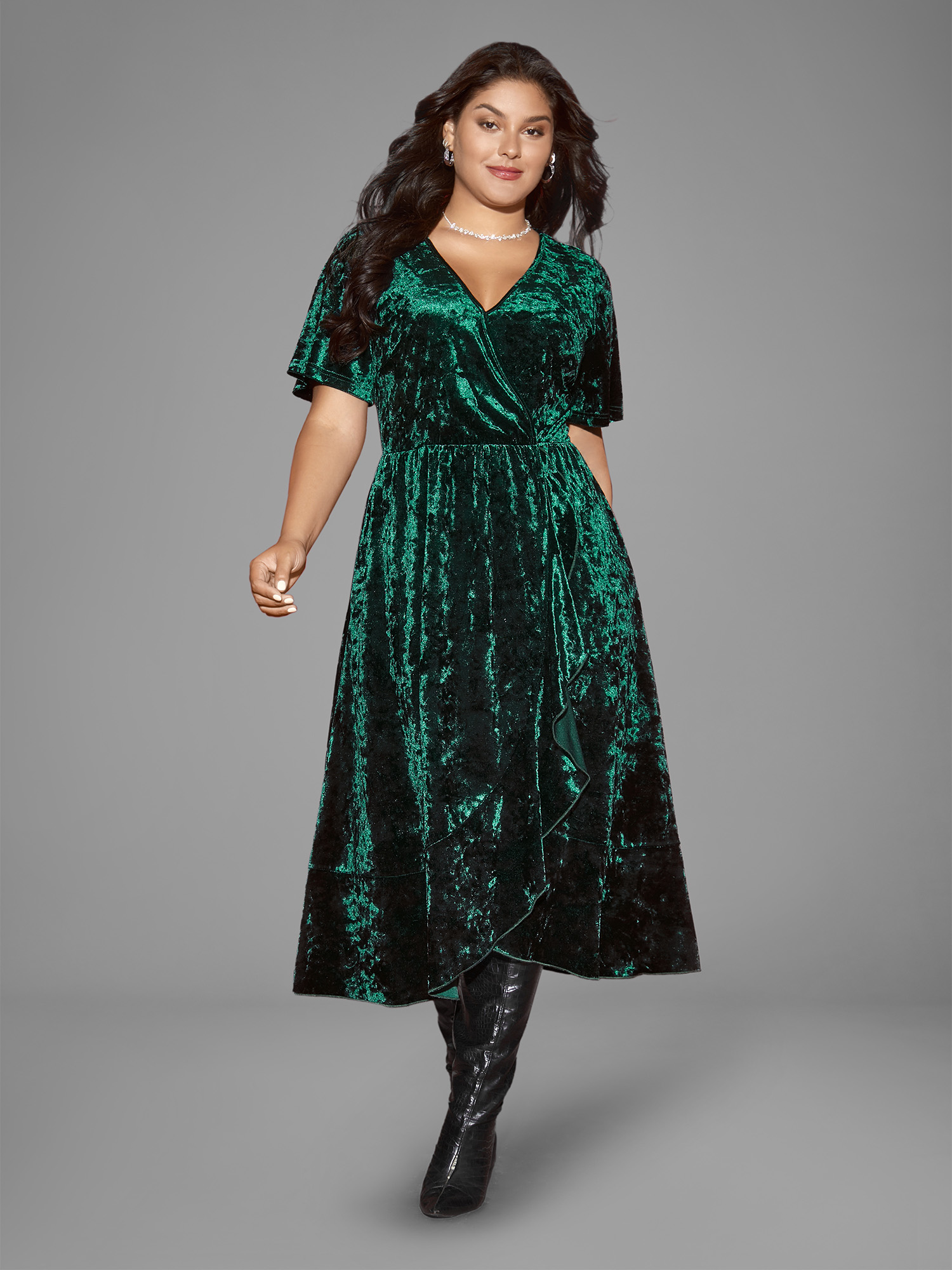 

Plus Size Velvet Surplice Neckline Ruffle Sleeves Midi Dress DarkGreen Women Formal Texture Overlap Collar Short sleeve Curvy BloomChic