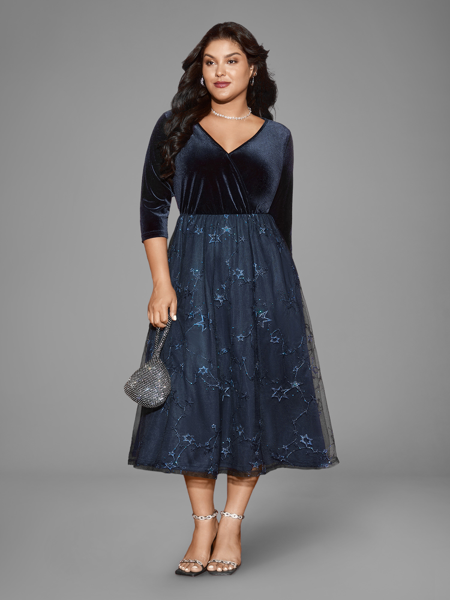 

Plus Size Velvet Star Mesh Surplice Neckline Midi Dress DarkBlue Women Cocktail Texture Party Curvy Bloomchic