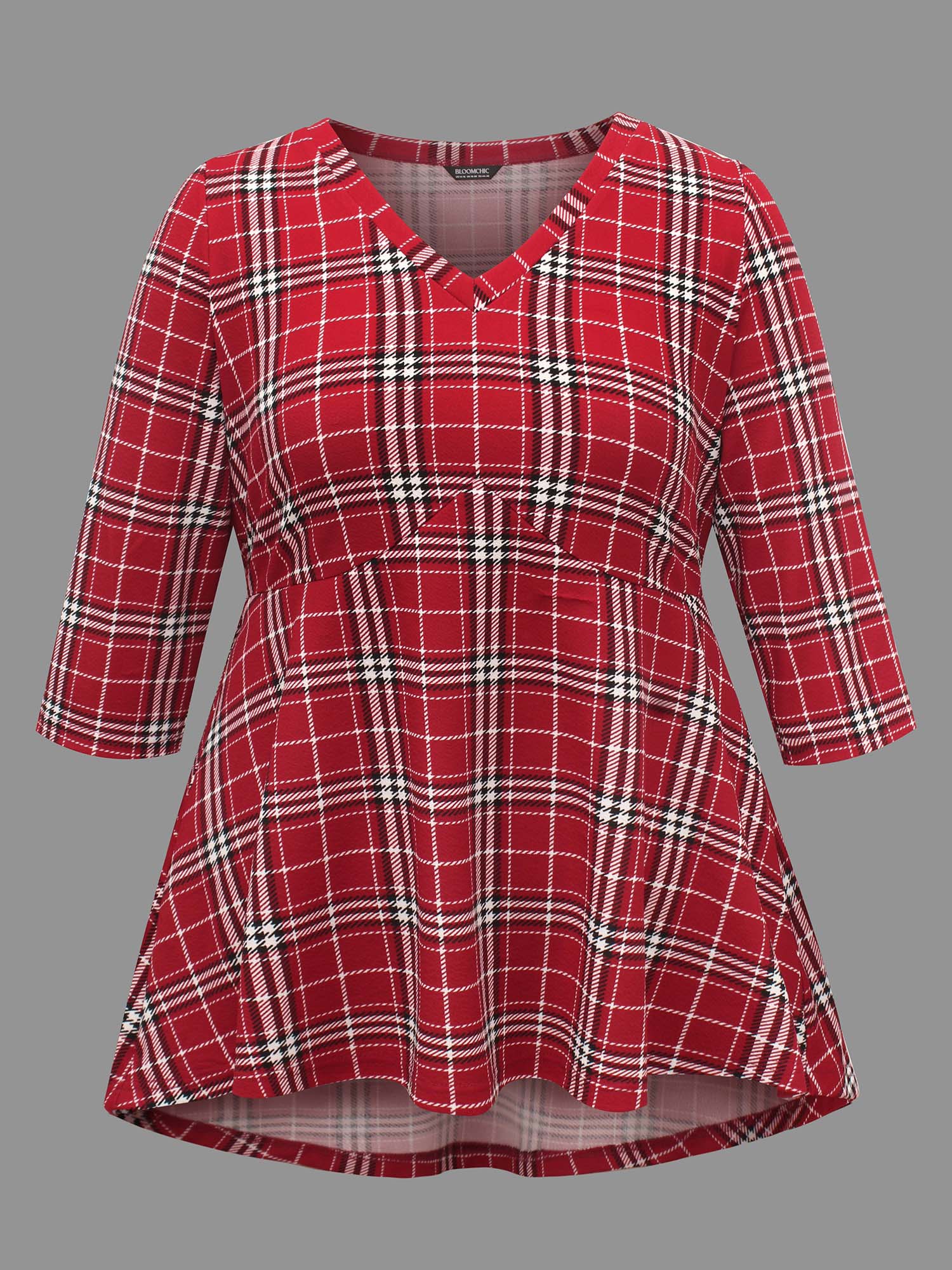 

Plus Size Plaid Quarter-Sleeve Elastic Waist Tee Brightred Women Elegant Non V-neck Bodycon Everyday T-shirts BloomChic