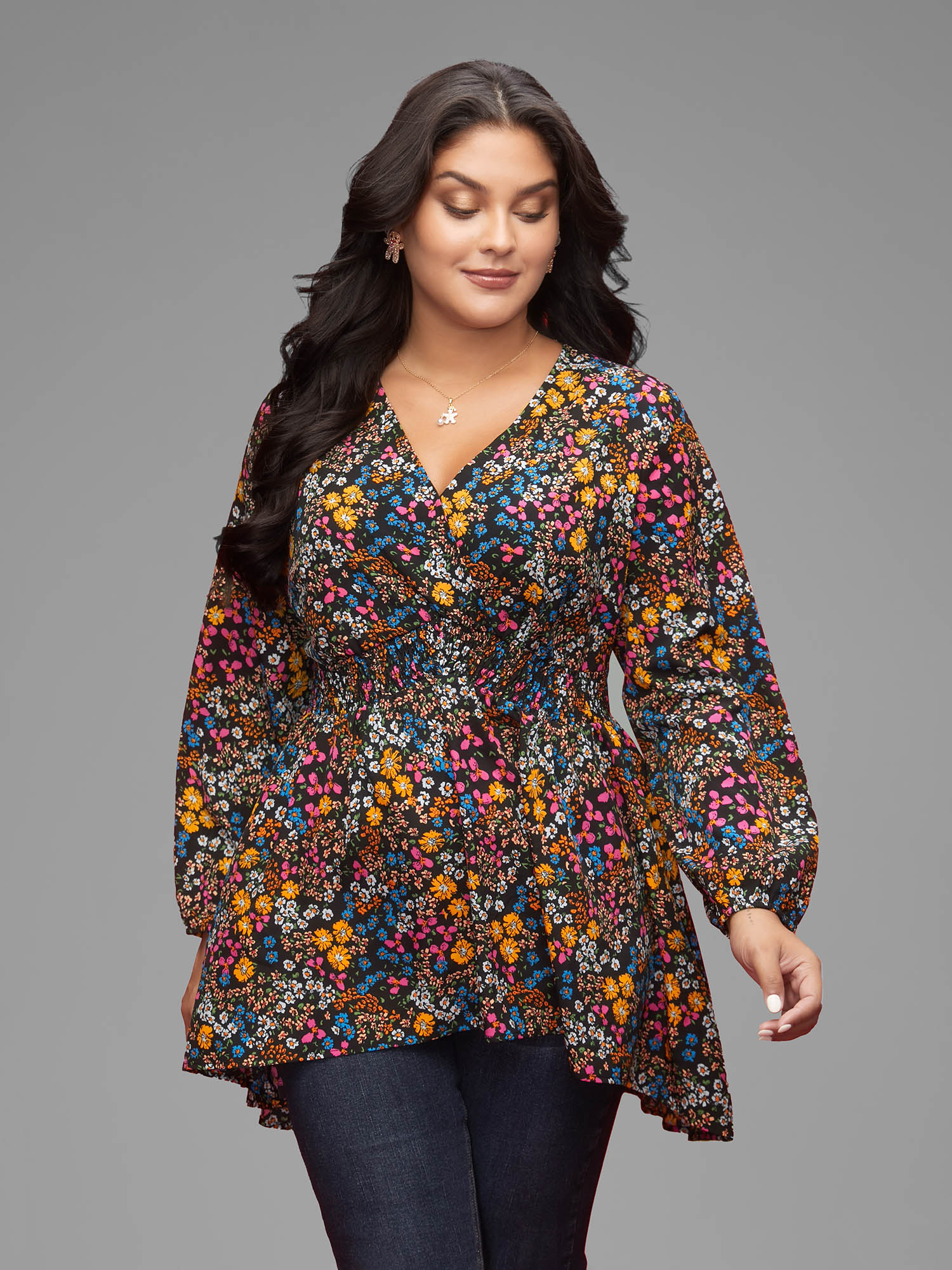 

Plus Size Black Floral Smocked Waistline Surplice Neck Blouse Women Elegant Long Sleeve Overlap Collar Everyday Blouses BloomChic