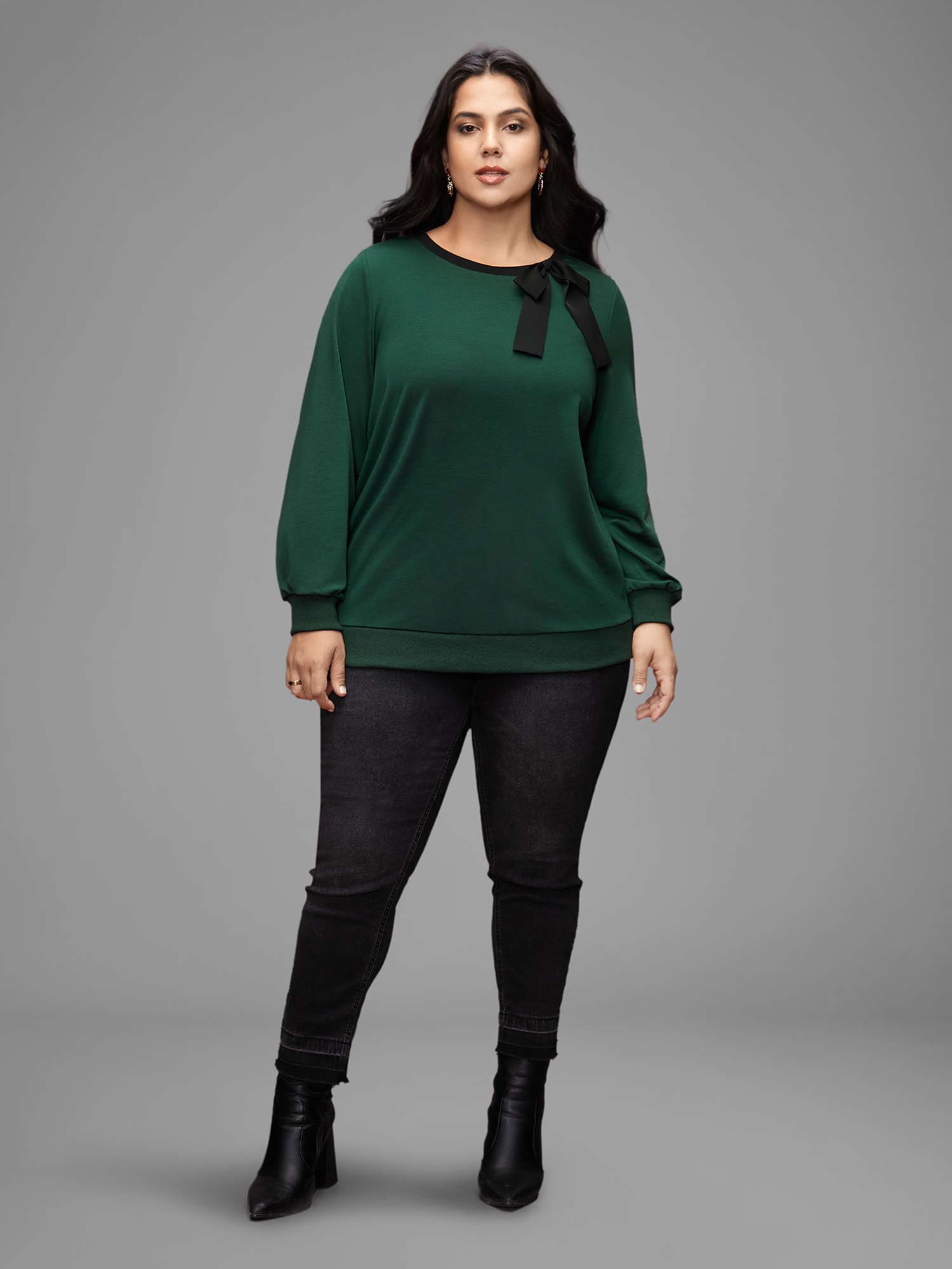 Plus Size Bow-tie Detailing High Neck Sweatshirt Women DarkGreen Casual Contrast Round Neck Everyday Sweatshirts BloomChic 26/4X 