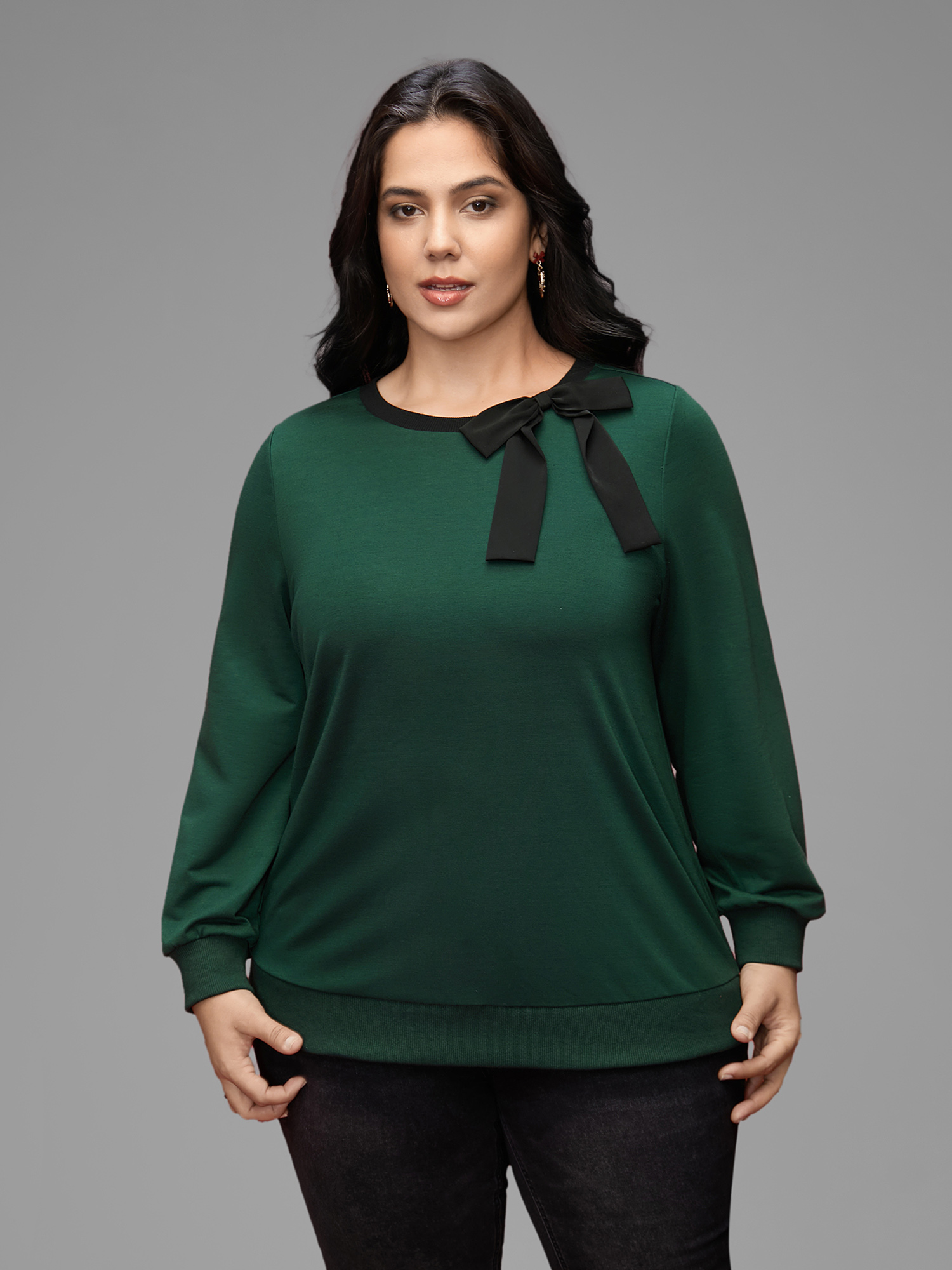 

Plus Size Bow-tie Detailing High Neck Sweatshirt Women DarkGreen Casual Contrast Round Neck Everyday Sweatshirts BloomChic