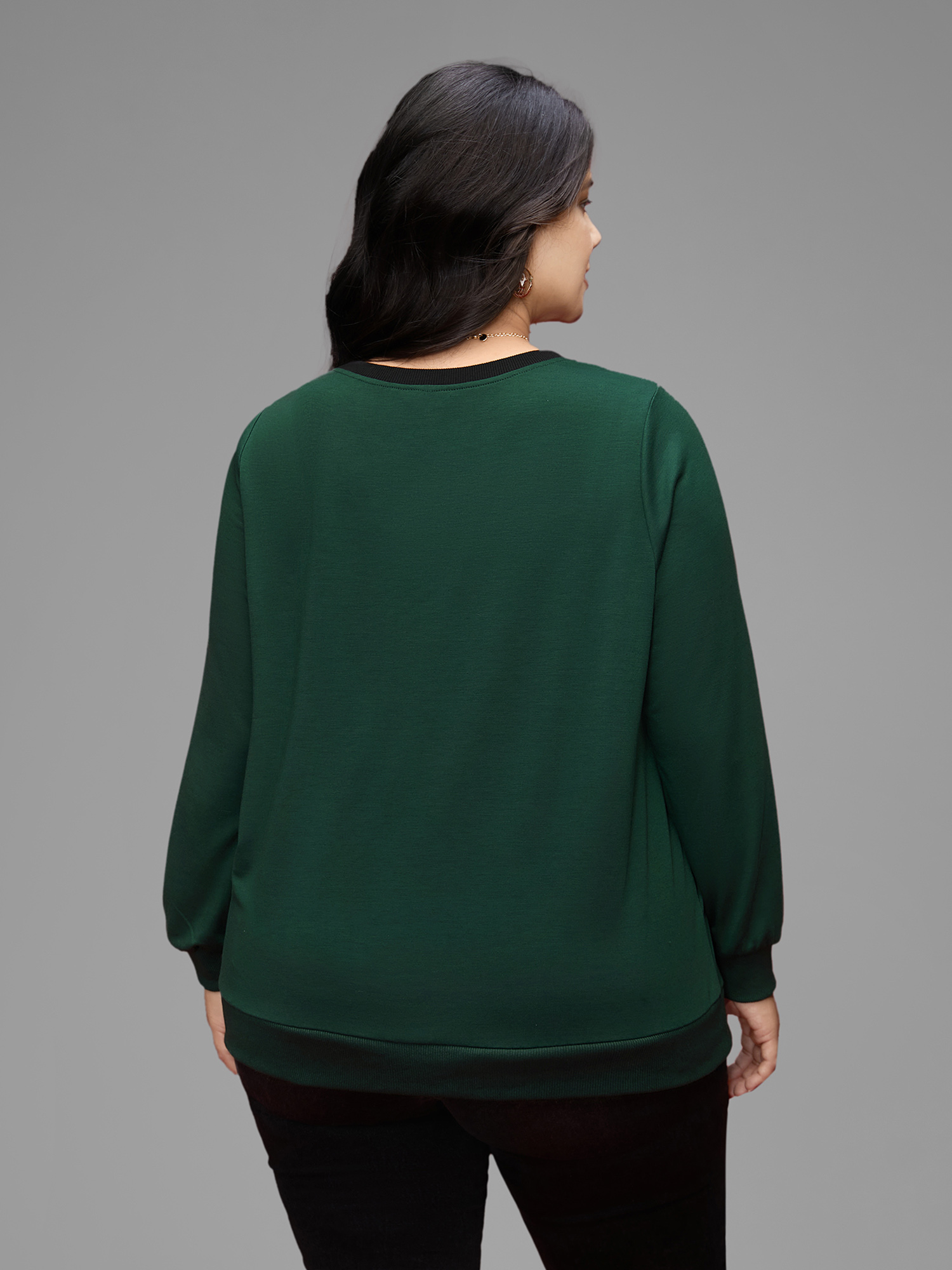 Plus Size Bow-tie Detailing High Neck Sweatshirt Women DarkGreen Casual Contrast Round Neck Everyday Sweatshirts BloomChic 26/4X 