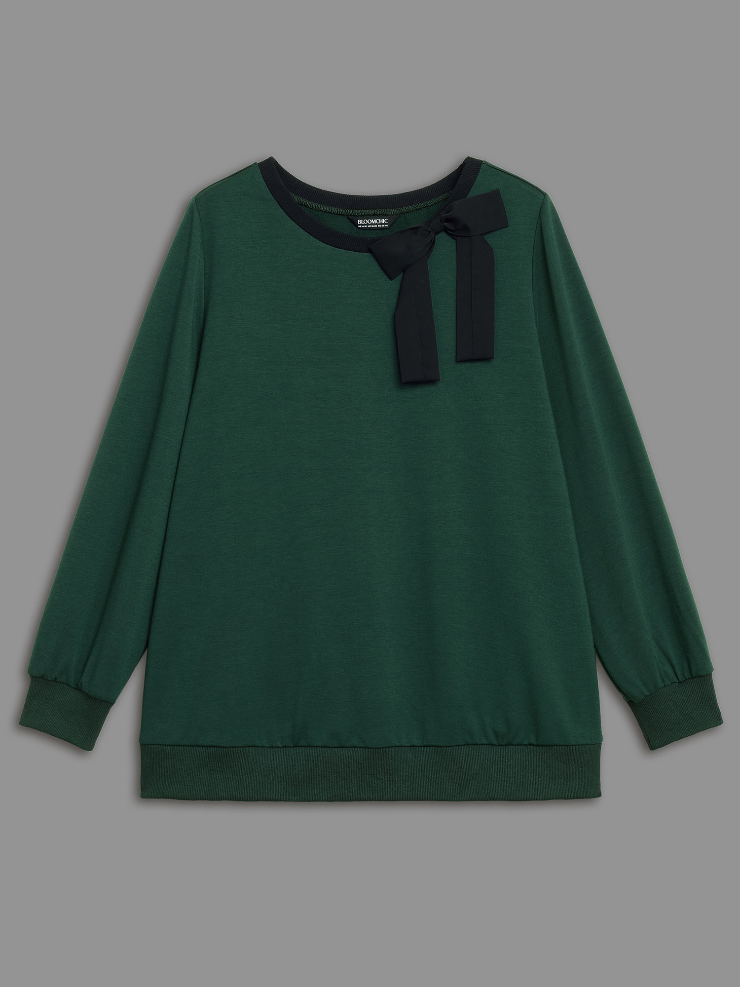 Plus Size Bow-tie Detailing High Neck Sweatshirt Women DarkGreen Casual Contrast Round Neck Everyday Sweatshirts BloomChic 26/4X 