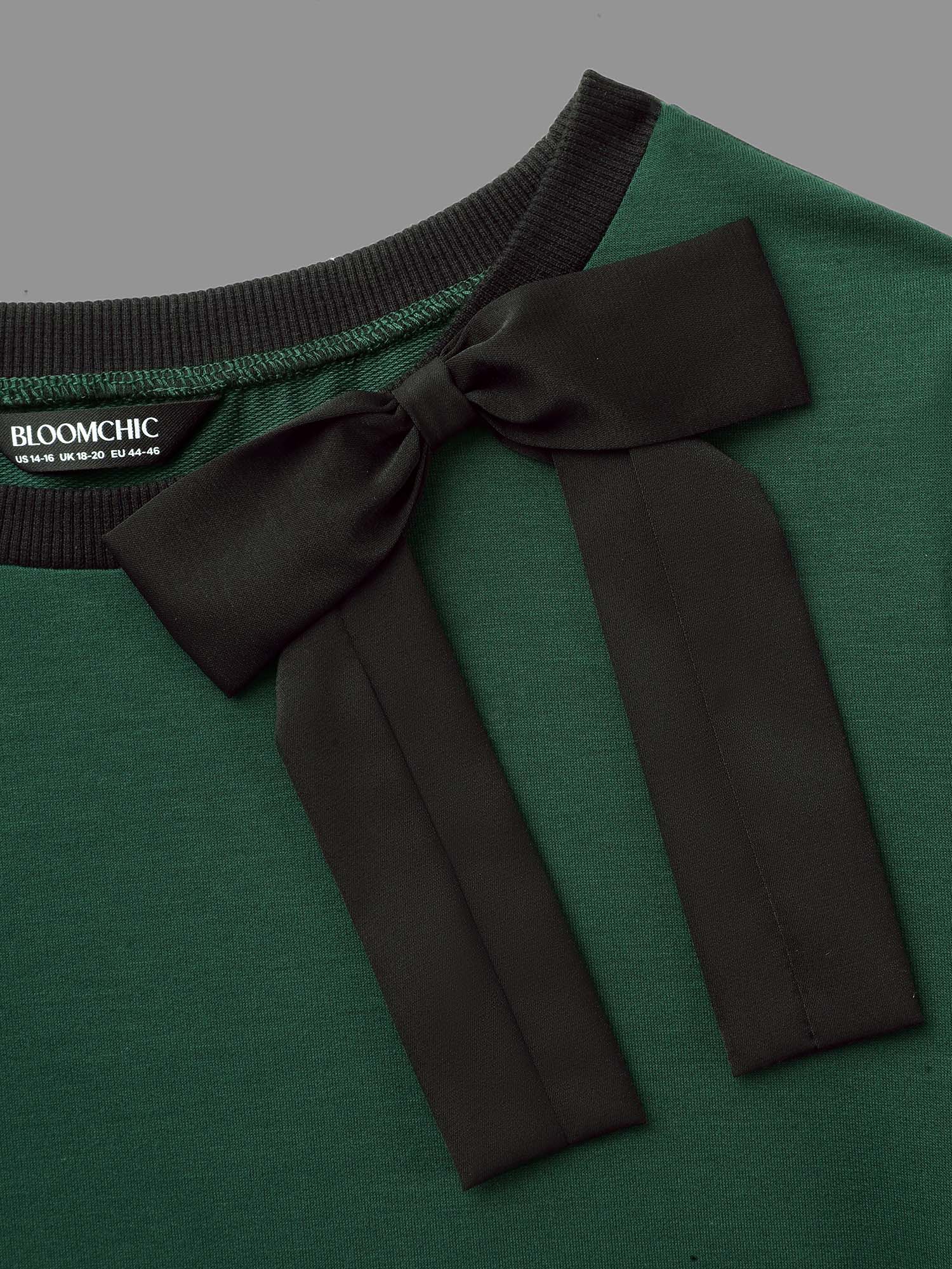 Plus Size Bow-tie Detailing High Neck Sweatshirt Women DarkGreen Casual Contrast Round Neck Everyday Sweatshirts BloomChic 26/4X 