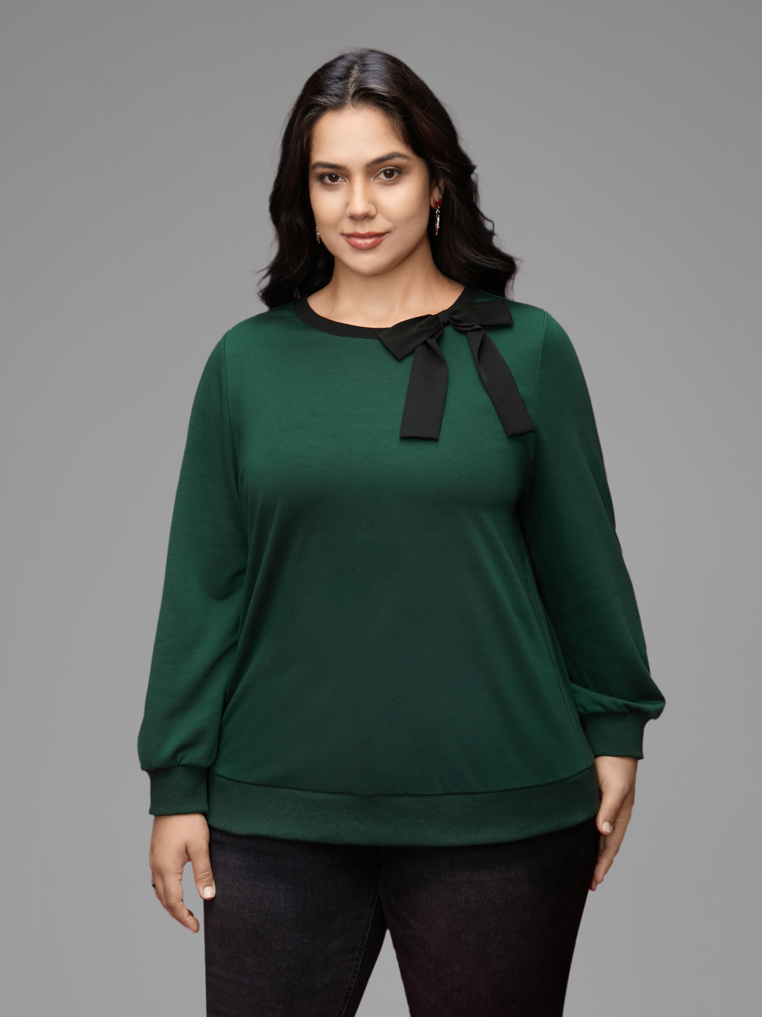 Plus Size Bow-tie Detailing High Neck Sweatshirt Women DarkGreen Casual Contrast Round Neck Everyday Sweatshirts BloomChic 26/4X 