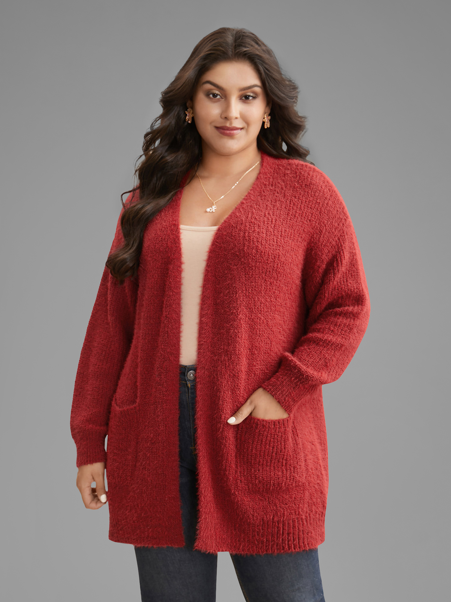 

Plus Size Mink-Hair Feel Pockets Open Front Cardigan Scarlet Women Casual Loose Long Sleeve Everyday Cardigans BloomChic