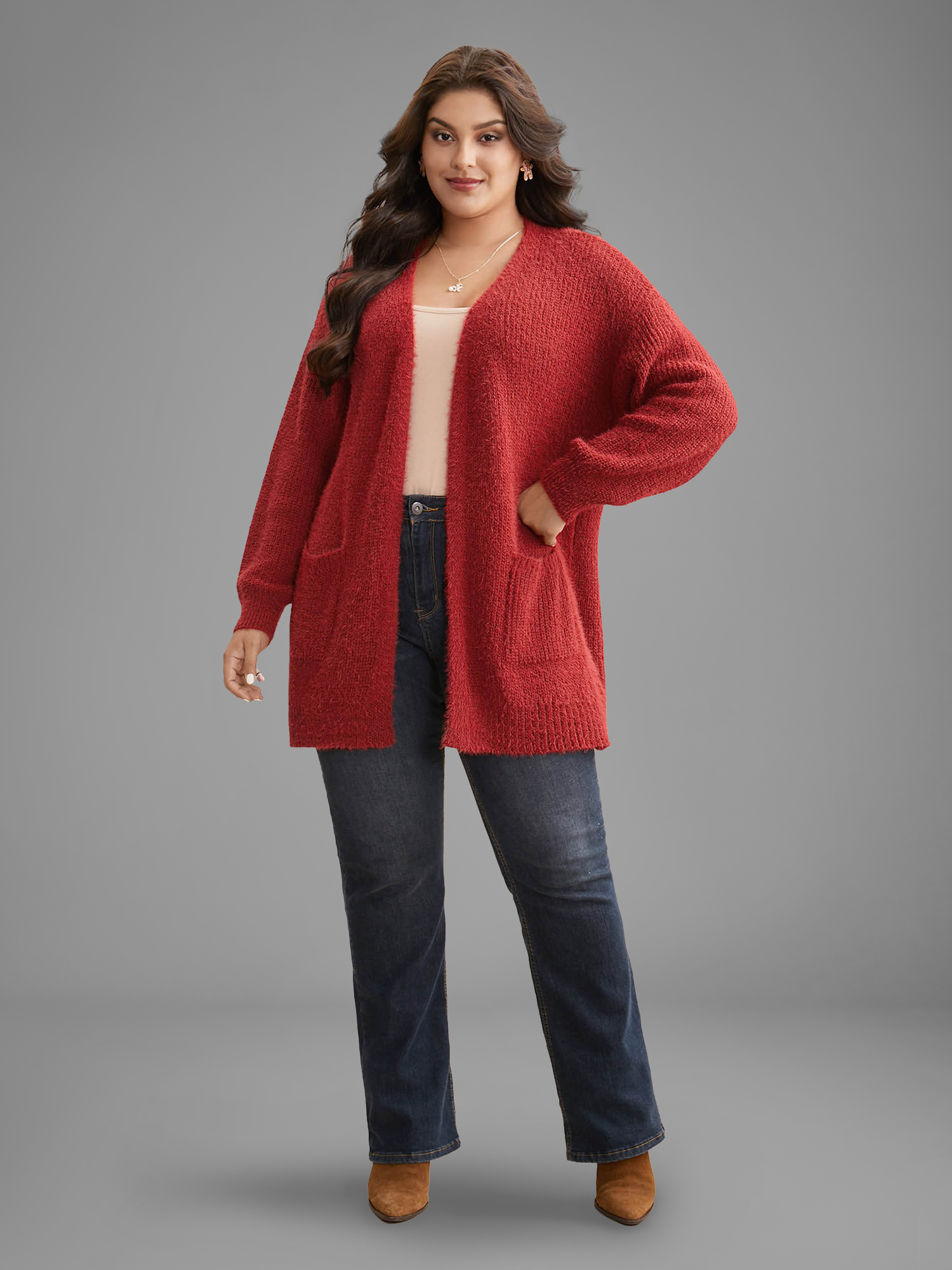 Plus Size Mink-Hair Feel Pockets Open Front Cardigan Scarlet Women Casual Loose Long Sleeve Everyday Cardigans BloomChic 14-16/1X 