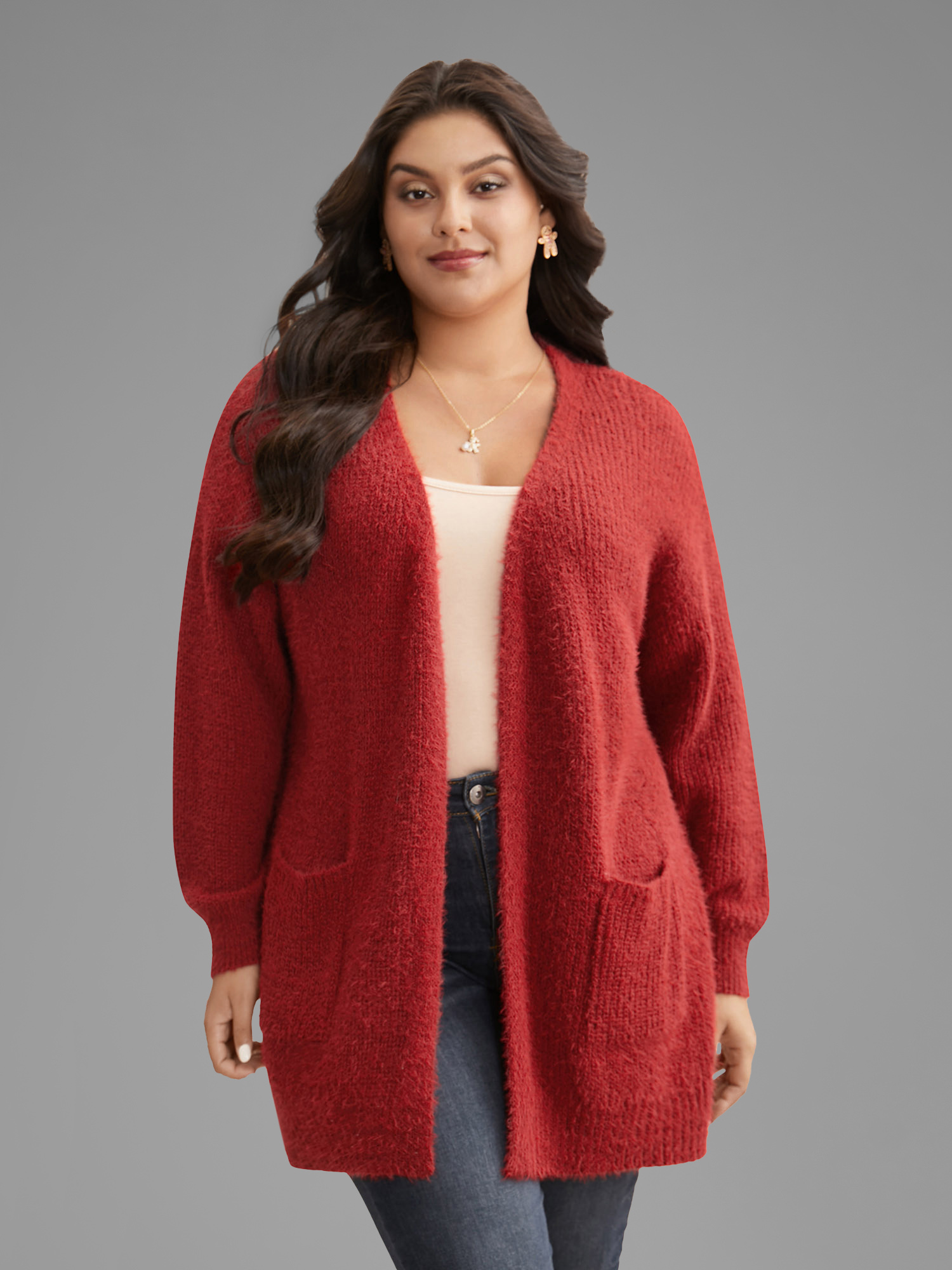 Plus Size Mink-Hair Feel Pockets Open Front Cardigan Scarlet Women Casual Loose Long Sleeve Everyday Cardigans BloomChic 14-16/1X 
