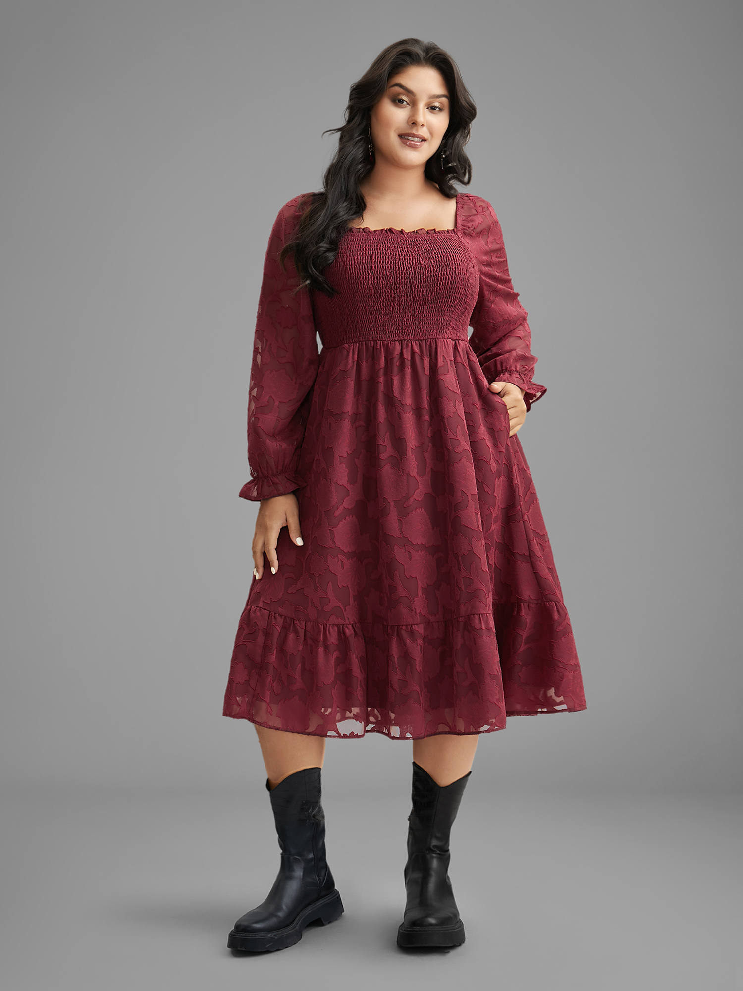 

Plus Size Jacquard Texture Square Neck Midi Dress Burgundy Women Elegant Texture Party Curvy Bloomchic