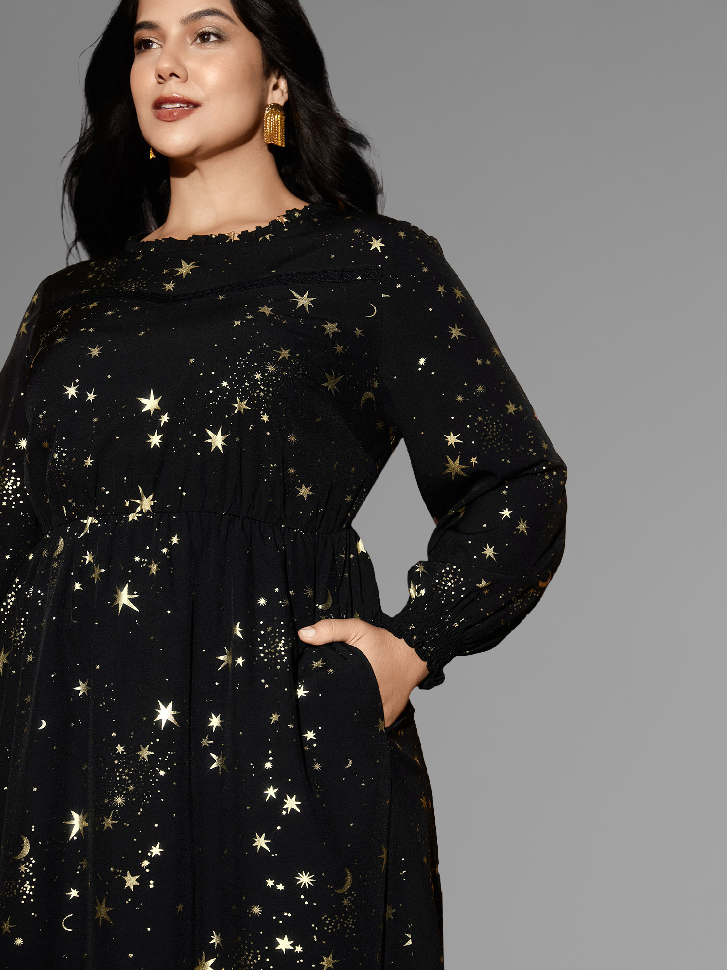 

Plus Size Star Printed Lace Neckline Midi Dress Black Women Cocktail Frill Trim Party Curvy Bloomchic