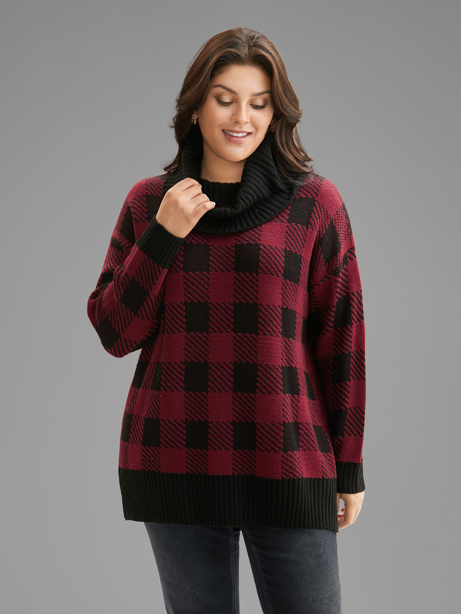 

Plus Size Turtleneck Plaid Pattern Straight Fit Pullover Scarlet Women Casual Loose Long Sleeve Turtleneck Everyday Pullovers BloomChic