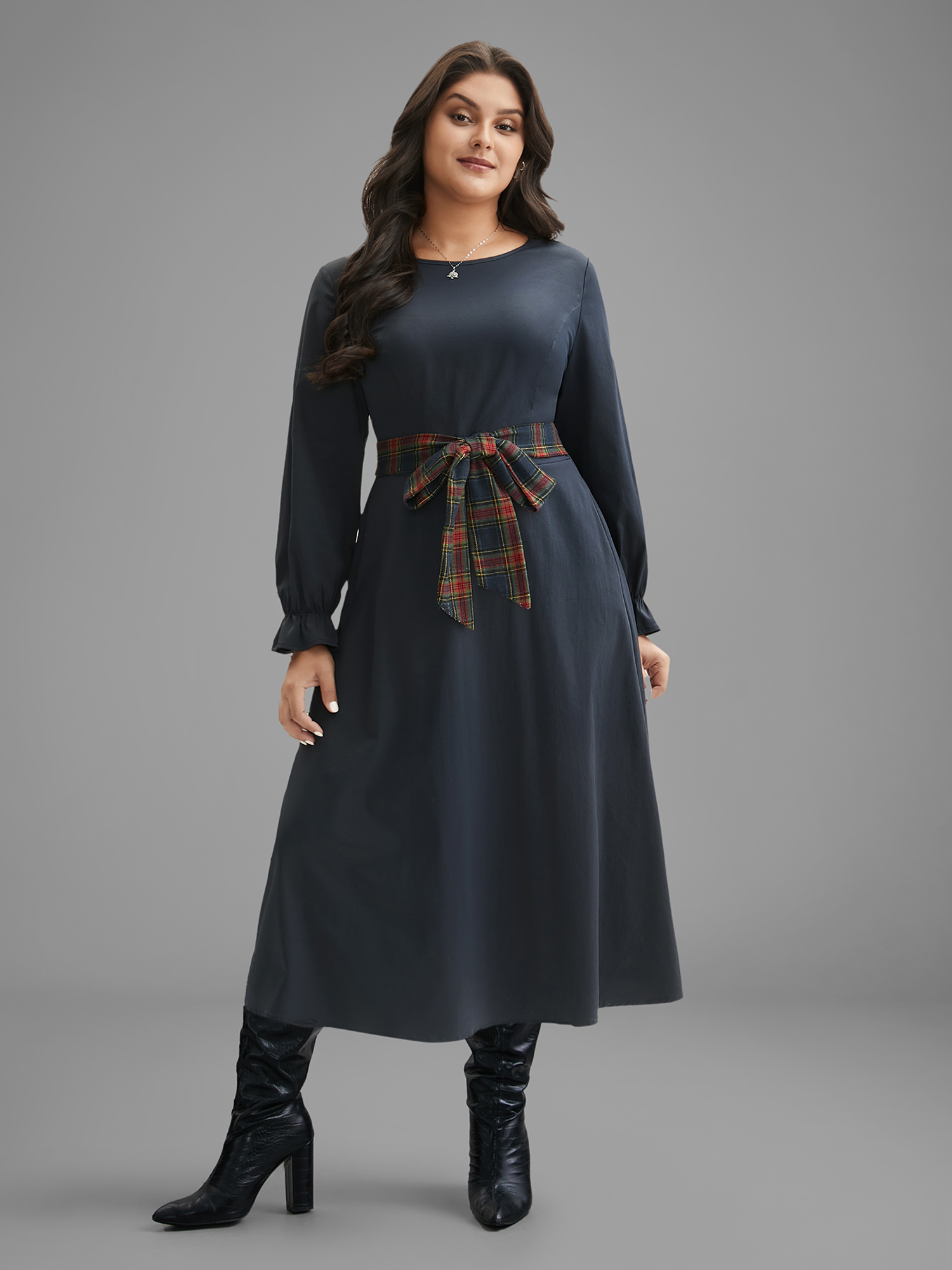 

Plus Size Festive Plaid Tie Knot Ruched Midi Dress Indigo Women Casual Tie knot Party Curvy Bloomchic