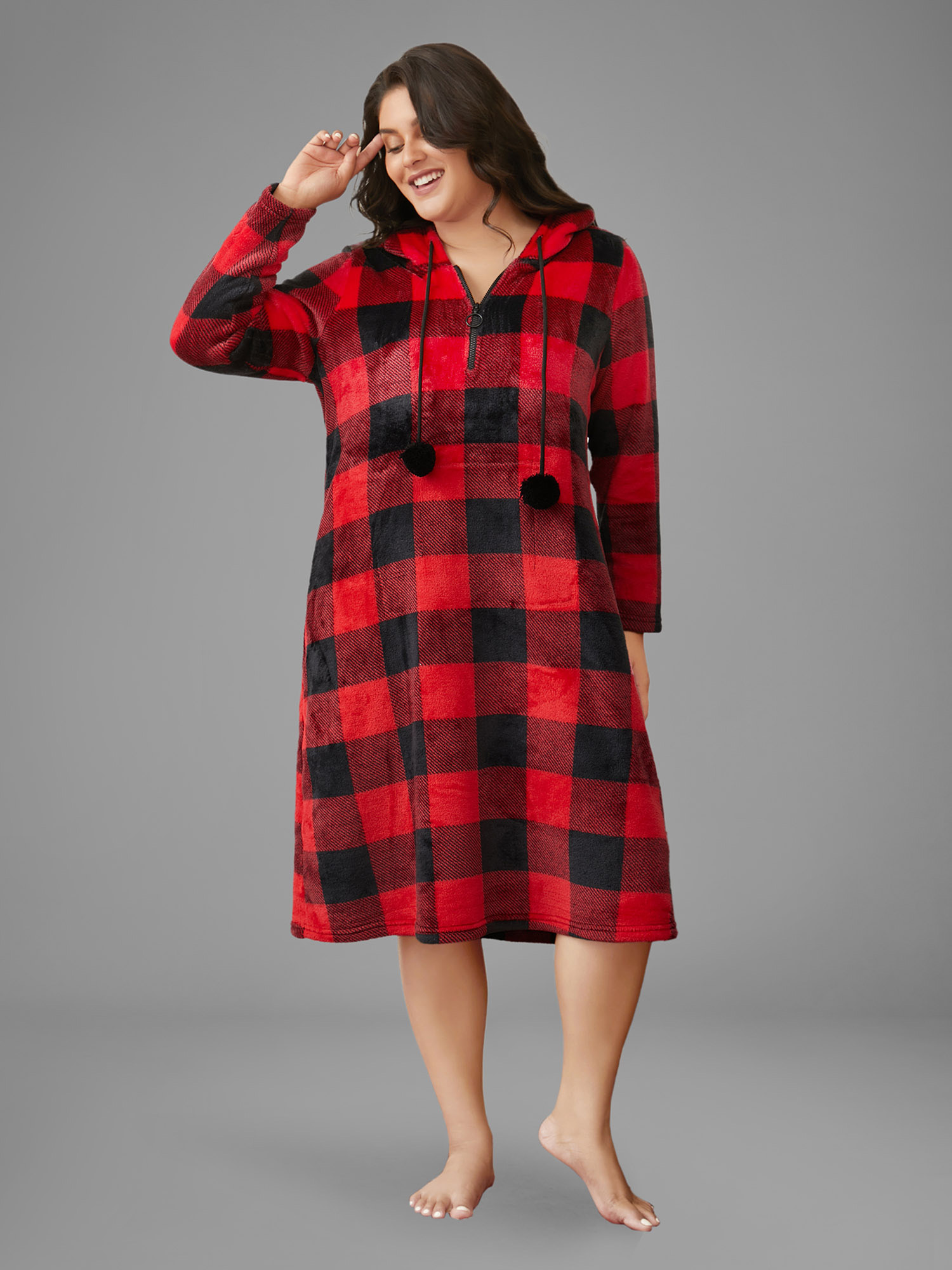 

Plus Size Checkered Hooded Flannel Sleep Midi Dress Burgundy Long Sleeve Hooded Casual Everyday  Bloomchic