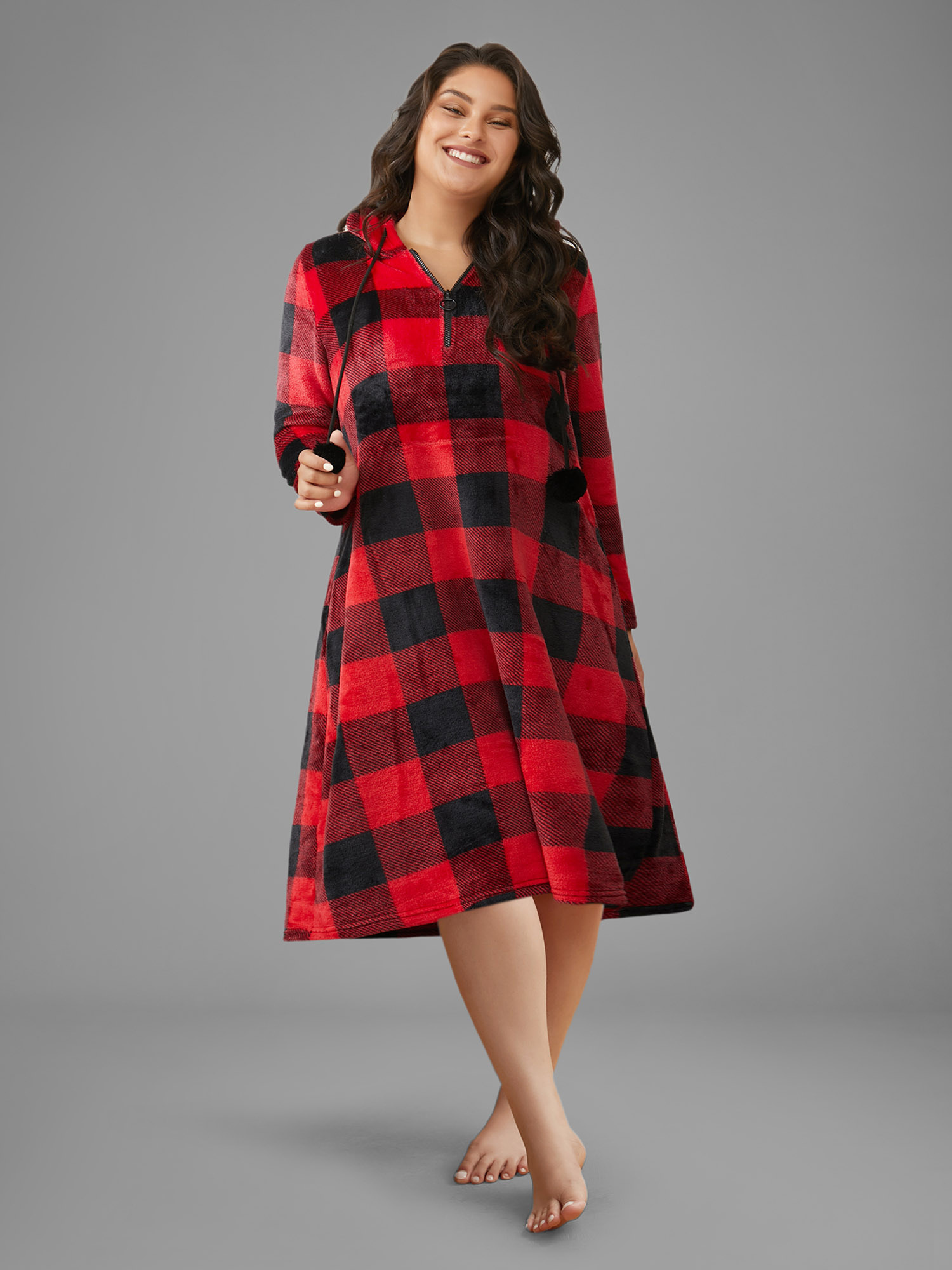 

Plus Size Checkered Hooded Flannel Sleep Midi Dress Burgundy Long Sleeve Hooded Casual Everyday  Bloomchic