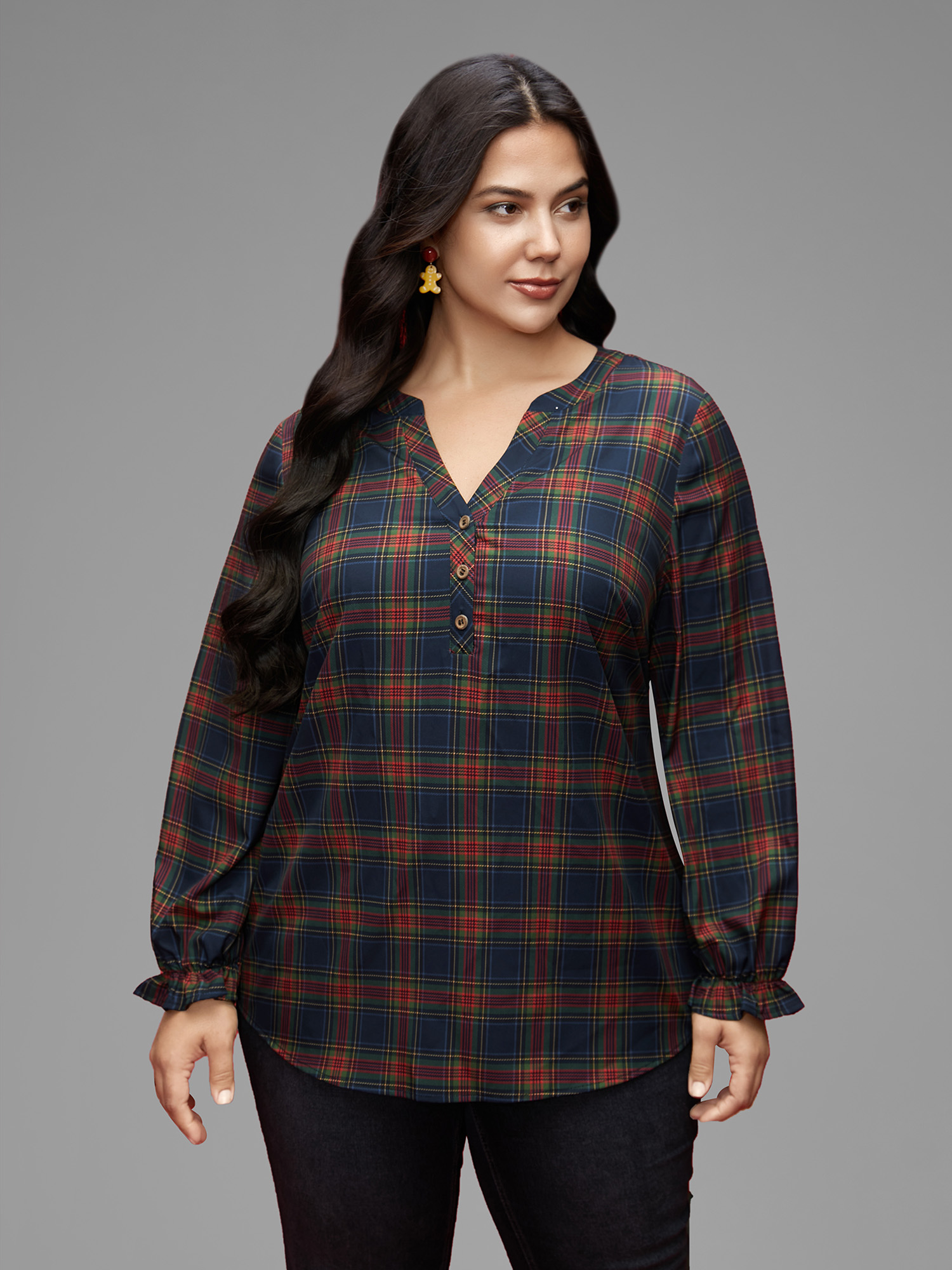 

Plus Size Multicolor Plaid Pattern Notched Collar Slim-Fit Blouse Women Casual Long Sleeve Notched collar Everyday Blouses BloomChic