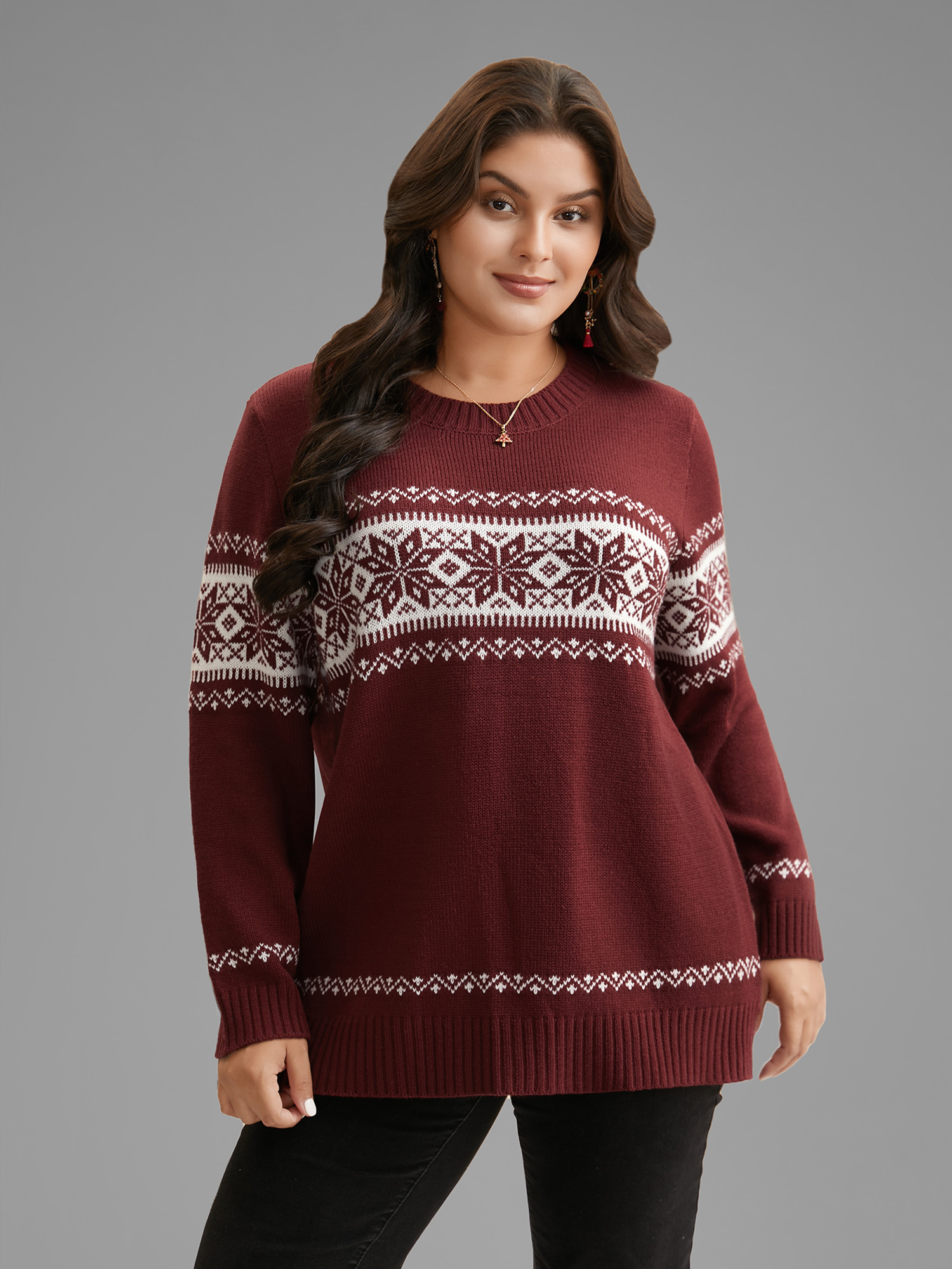 

Plus Size Snowflakes Embroidery Crew-Neck Pullover Scarlet Women Casual Loose Long Sleeve Turtleneck Everyday Pullovers BloomChic