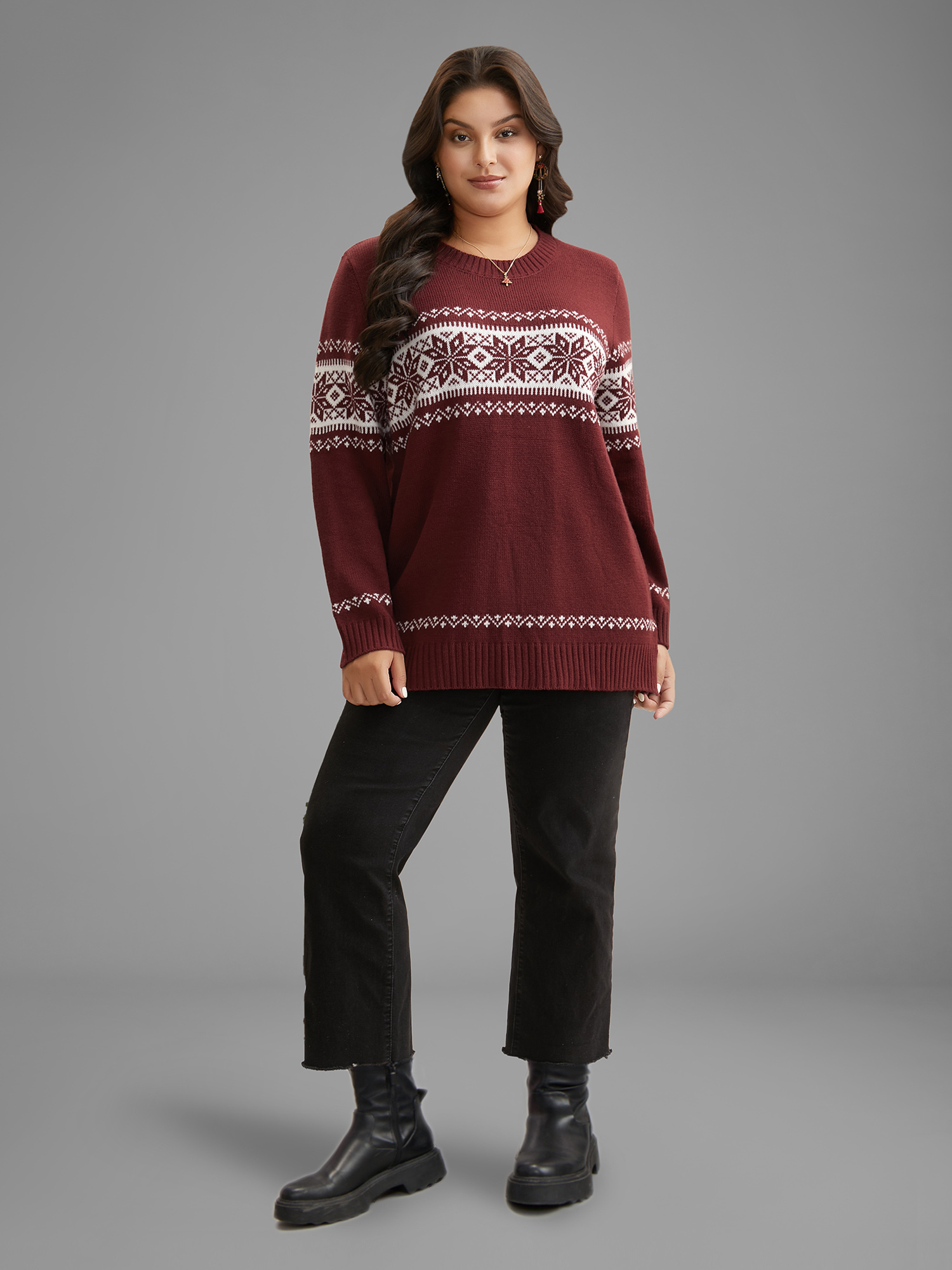 

Plus Size Snowflakes Embroidery Crew-Neck Pullover Scarlet Women Casual Loose Long Sleeve Turtleneck Everyday Pullovers BloomChic