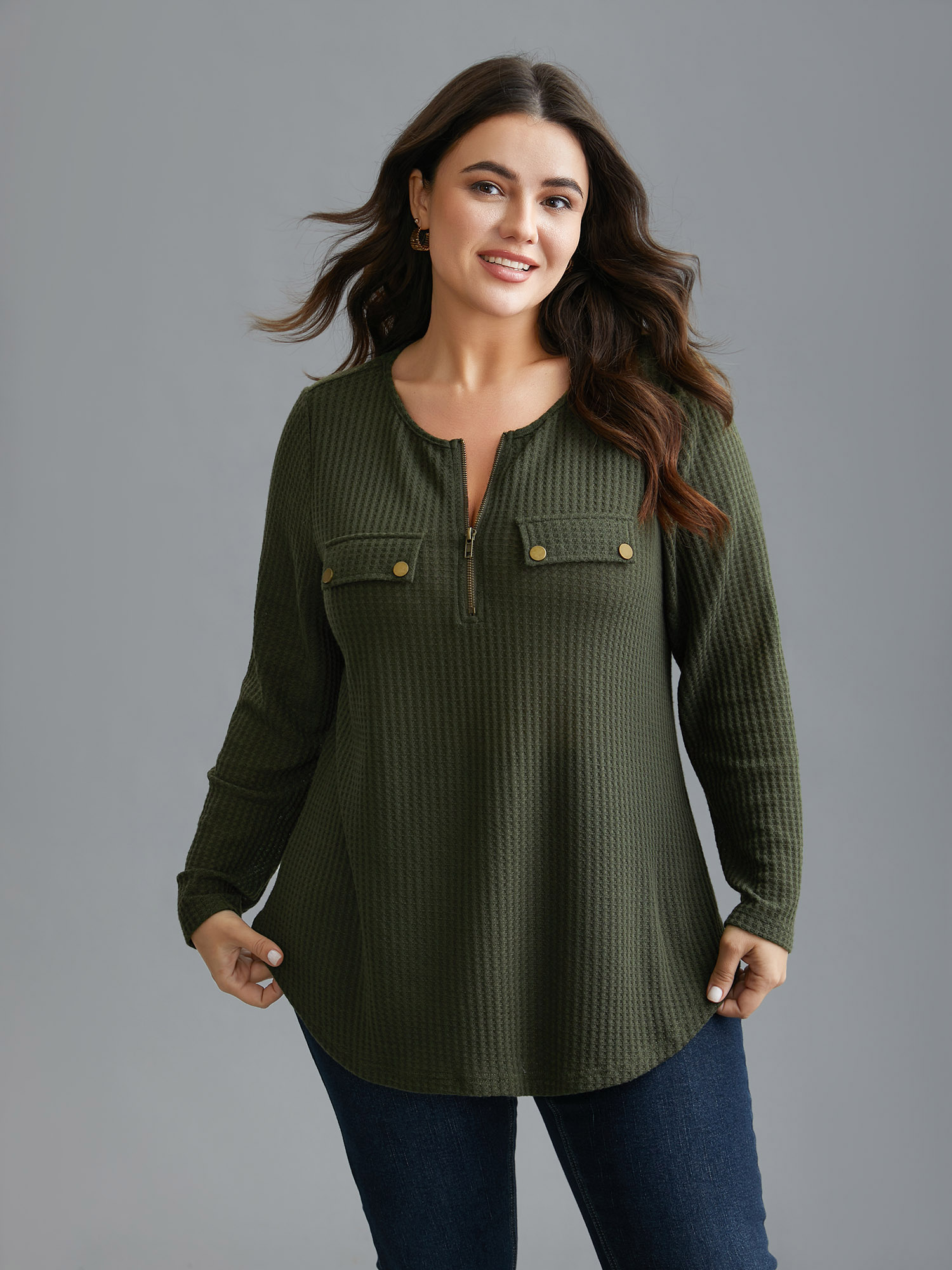 

Plus Size Half Zipper Flap Detail Pockets Knit Top ArmyGreen Round Neck Long Sleeve Elegant Jersey Tops