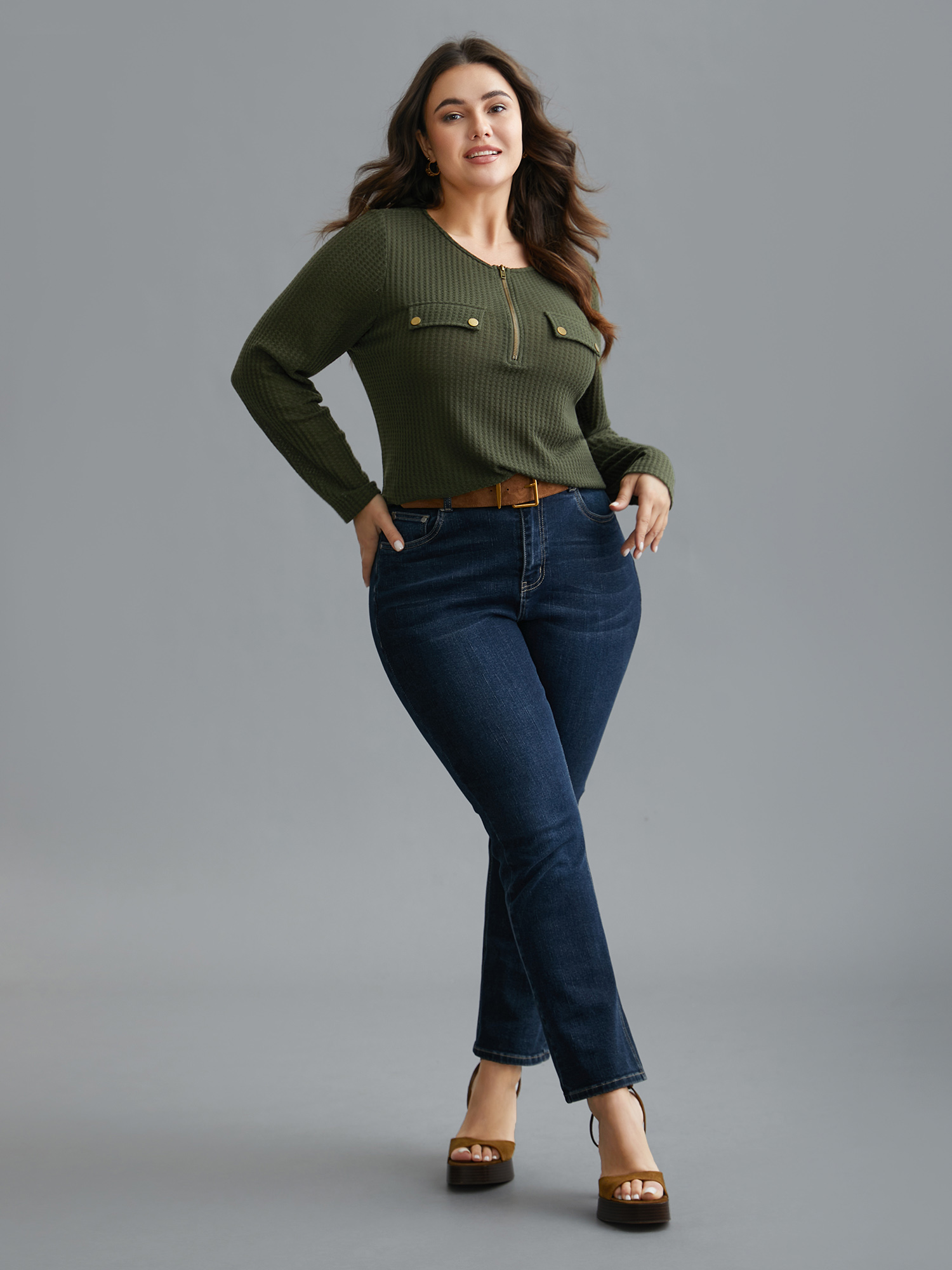 

Plus Size Half Zipper Flap Detail Pockets Knit Top ArmyGreen Round Neck Long Sleeve Elegant Jersey Tops