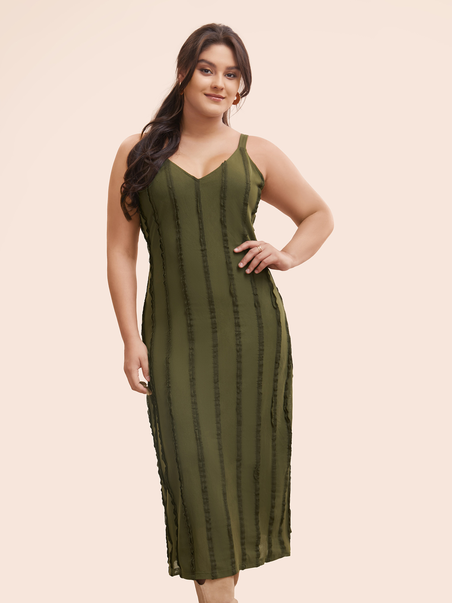 

Plus Size Tucked Seam Textured Cami Dress Olive Women Casual Tucked seam V-neck Sleeveless Curvy BloomChic