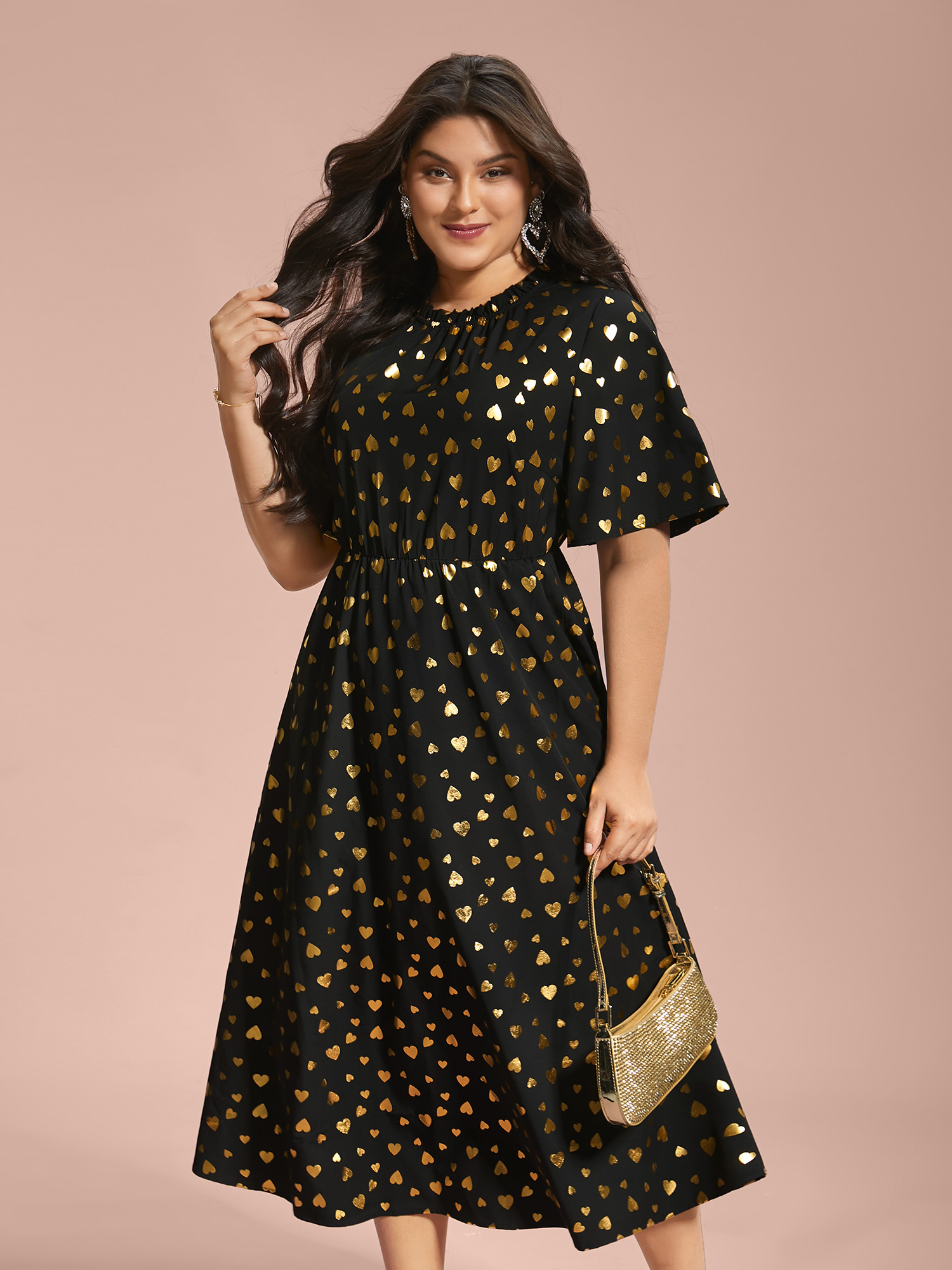 

Plus Size Glitter Heart Print Stretchy Waist Dress BlackFlower Women Cocktail Texture Party Curvy Bloomchic