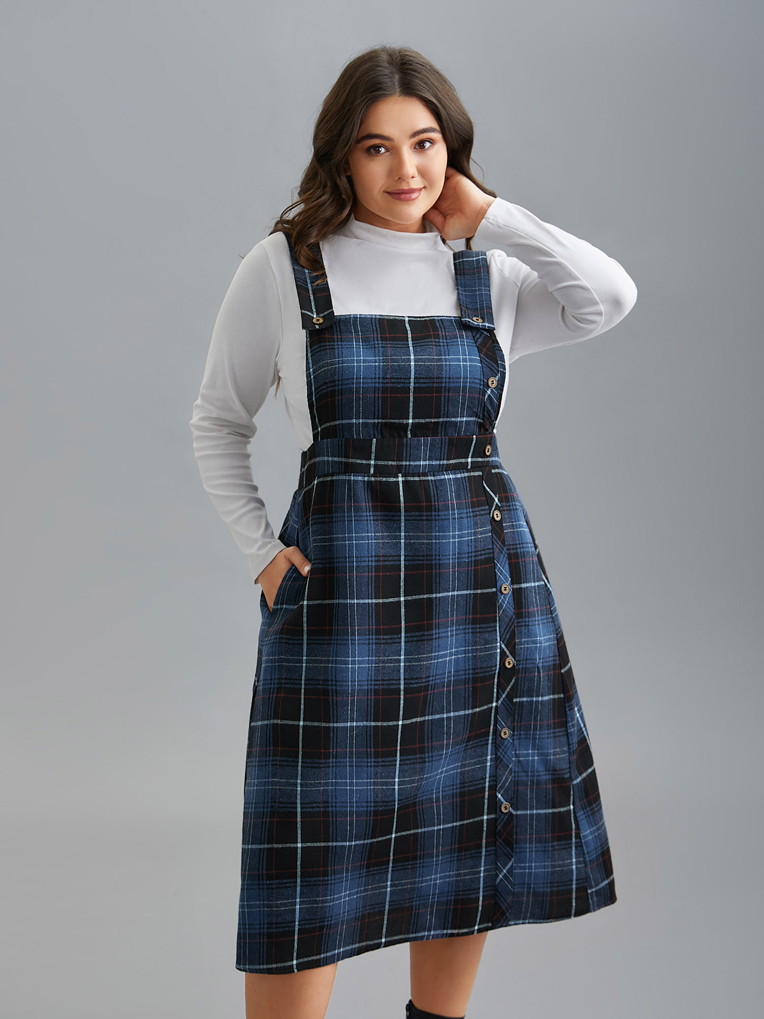 

Plus Size Plaid Pattern Overall Buttons Slit Midi Dress Navy Women Casual Button Non Sleeveless Curvy BloomChic