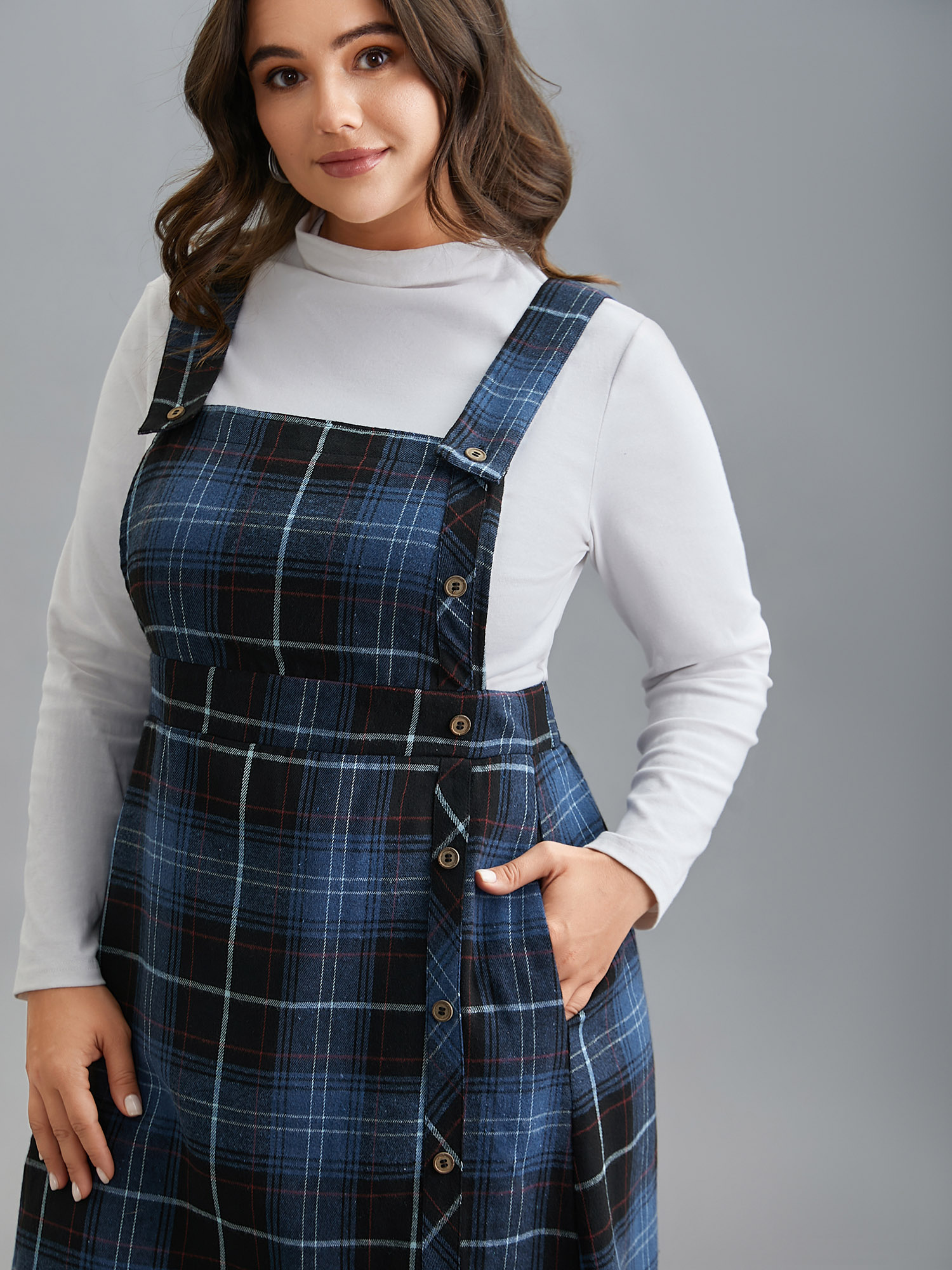 Plus Size Plaid Pattern Overall Buttons Slit Midi Dress Navy Women Casual Button Non Sleeveless Curvy BloomChic 26/4X 