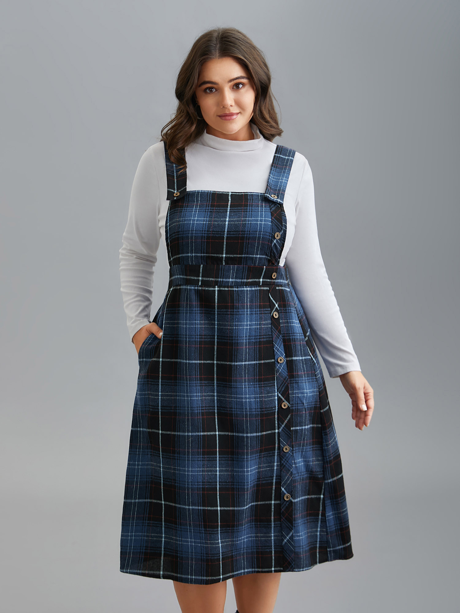 Plus Size Plaid Pattern Overall Buttons Slit Midi Dress Navy Women Casual Button Non Sleeveless Curvy BloomChic 26/4X 