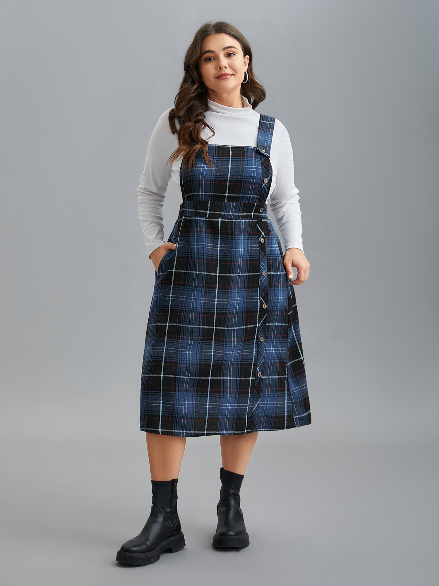 Plus Size Plaid Pattern Overall Buttons Slit Midi Dress Navy Women Casual Button Non Sleeveless Curvy BloomChic 26/4X 