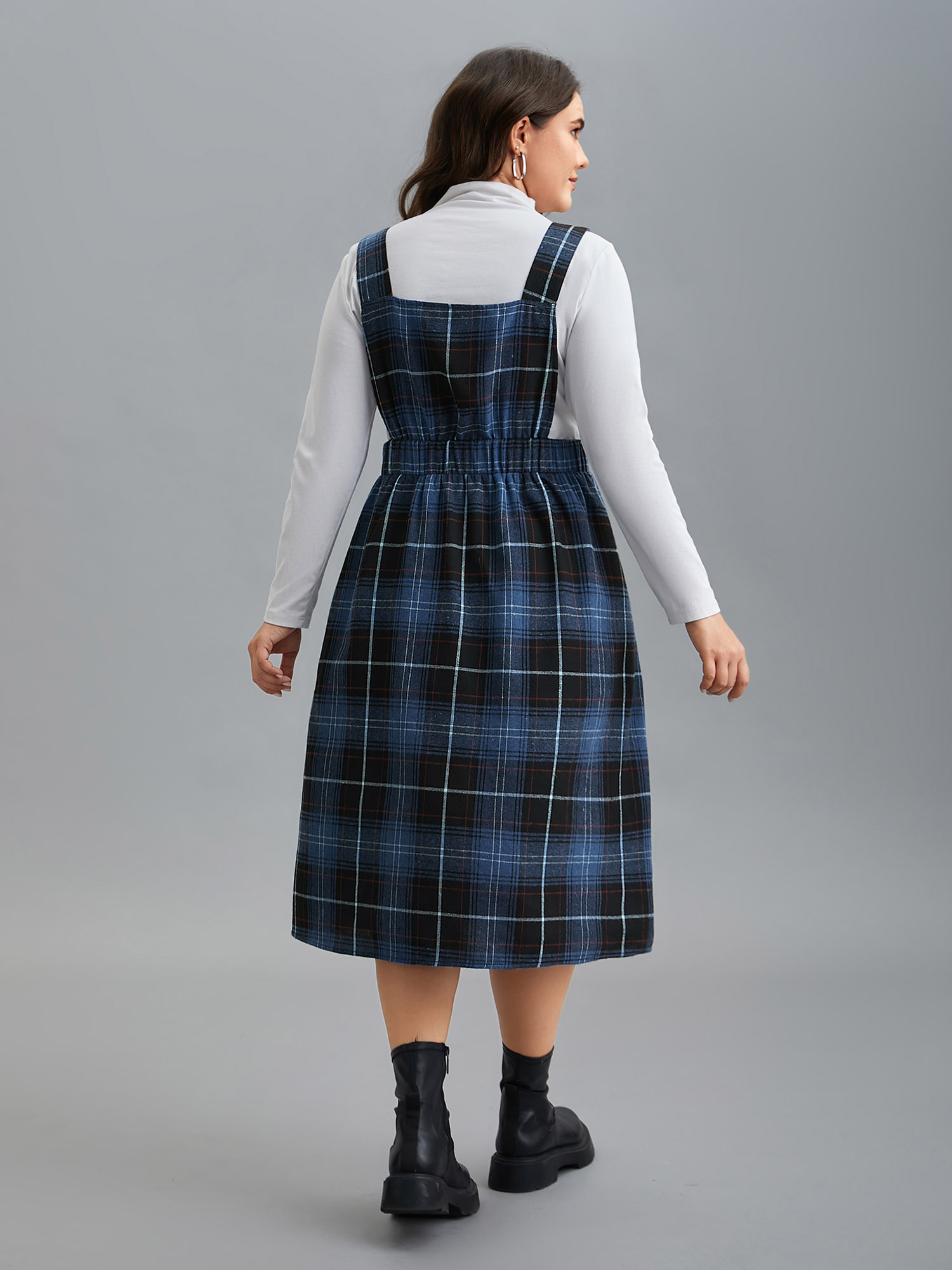 Plus Size Plaid Pattern Overall Buttons Slit Midi Dress Navy Women Casual Button Non Sleeveless Curvy BloomChic 26/4X 