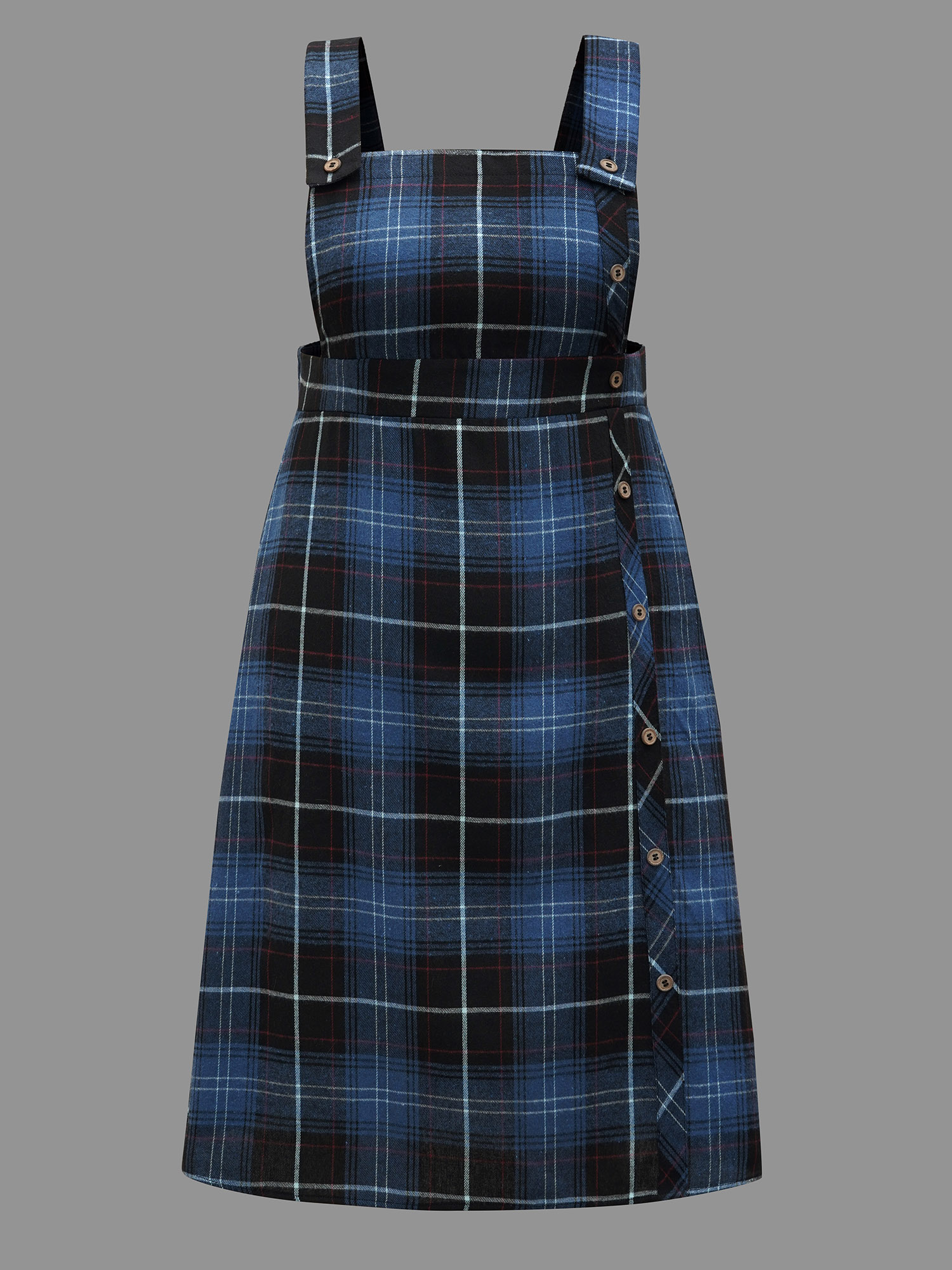 Plus Size Plaid Pattern Overall Buttons Slit Midi Dress Navy Women Casual Button Non Sleeveless Curvy BloomChic 26/4X 