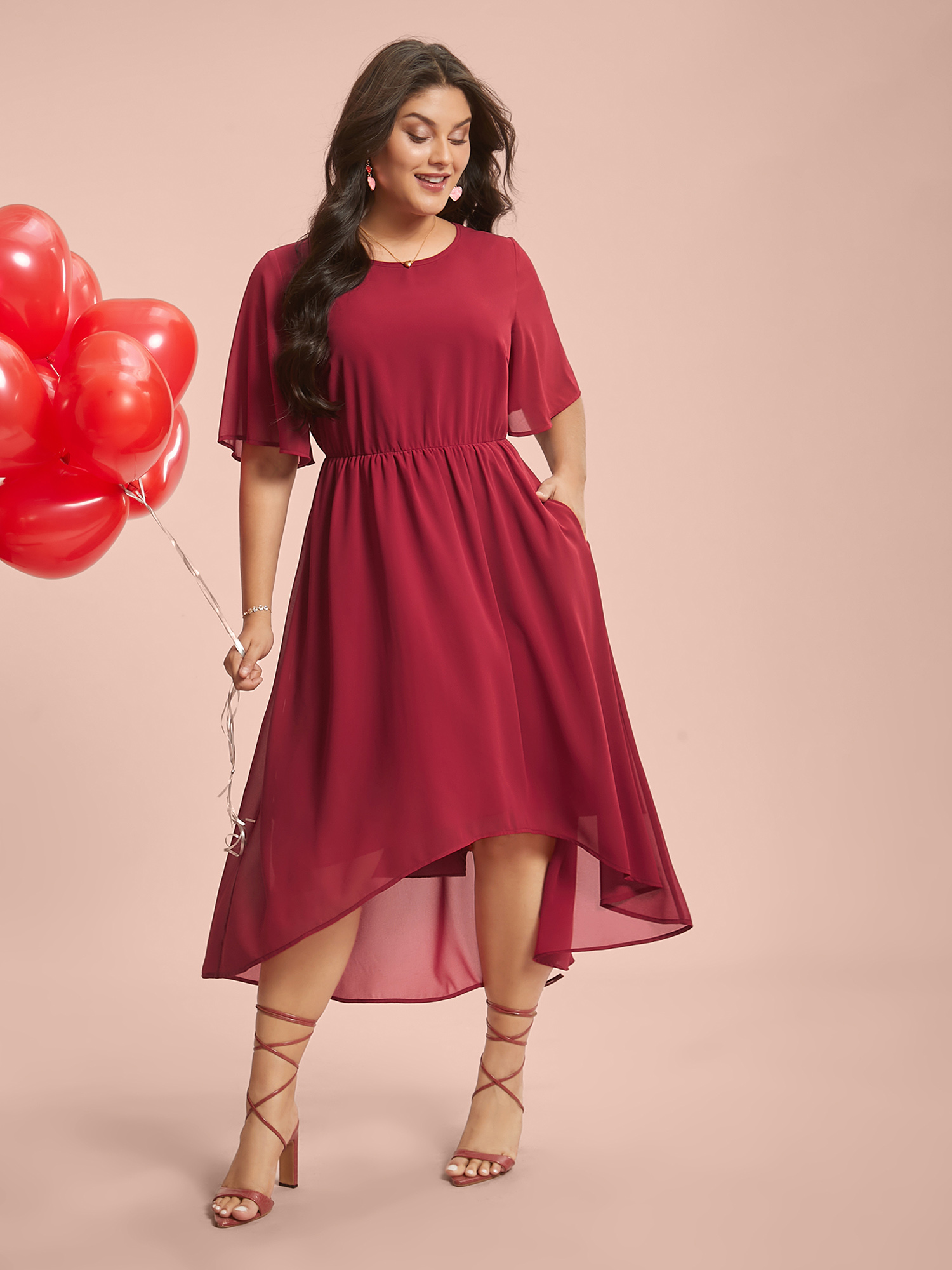 

Plus Size Hi-Low Hem Plain Ruffle Sleeve Dress Raspberry Women Elegant See through Round Neck Short sleeve Curvy BloomChic 14/M