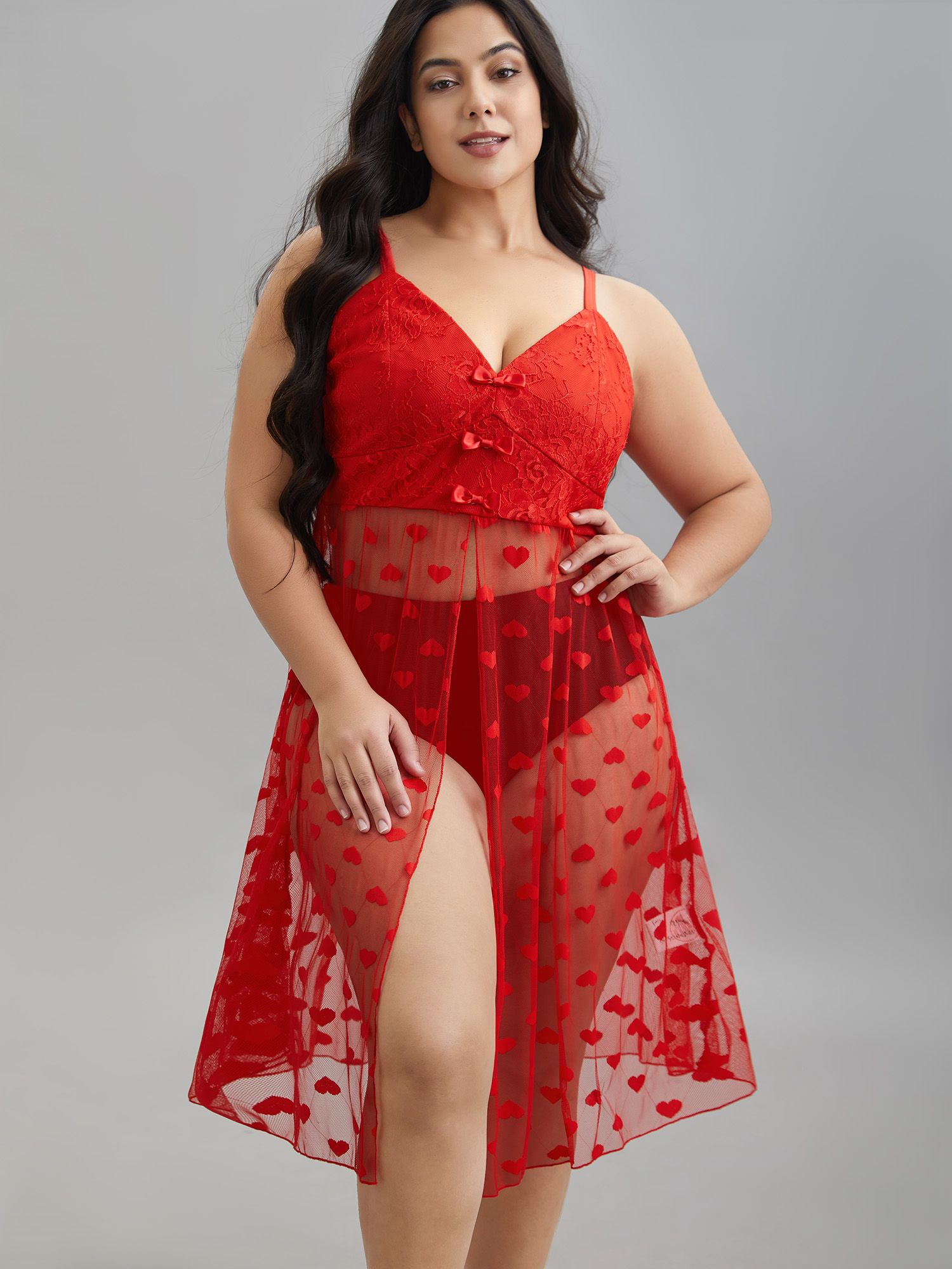 

Plus Size Heart Lace Mesh Split Hem Sleep Dress Raspberry Sleeveless Deep V-neck Lounge Everyday 18-20/1X Bloomchic