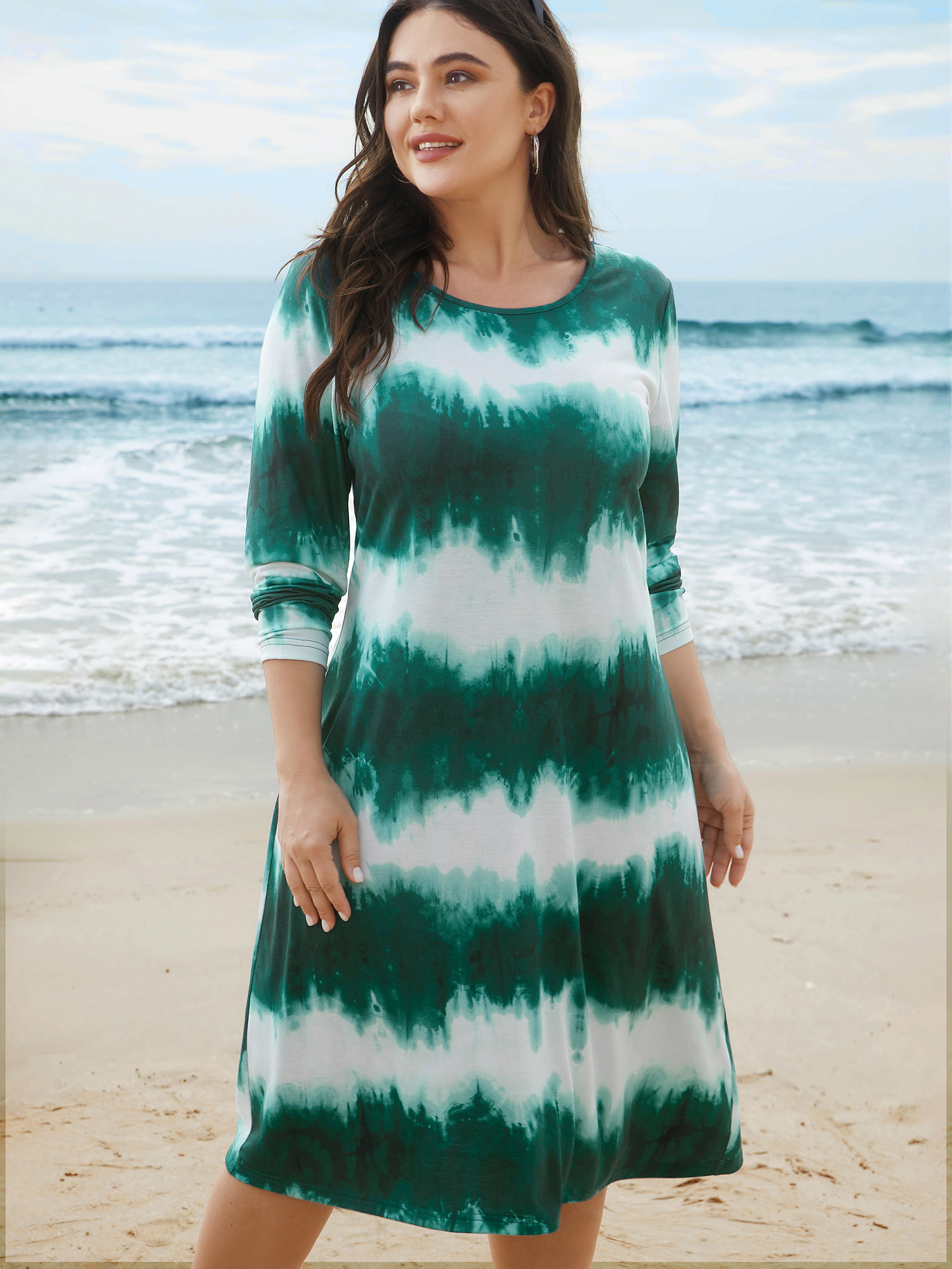 

Plus Size Tie-Dye Round Neck Pockets Midi Knit Dress Teal Women Casual Non Knit Dresses Bloomchic 16/L