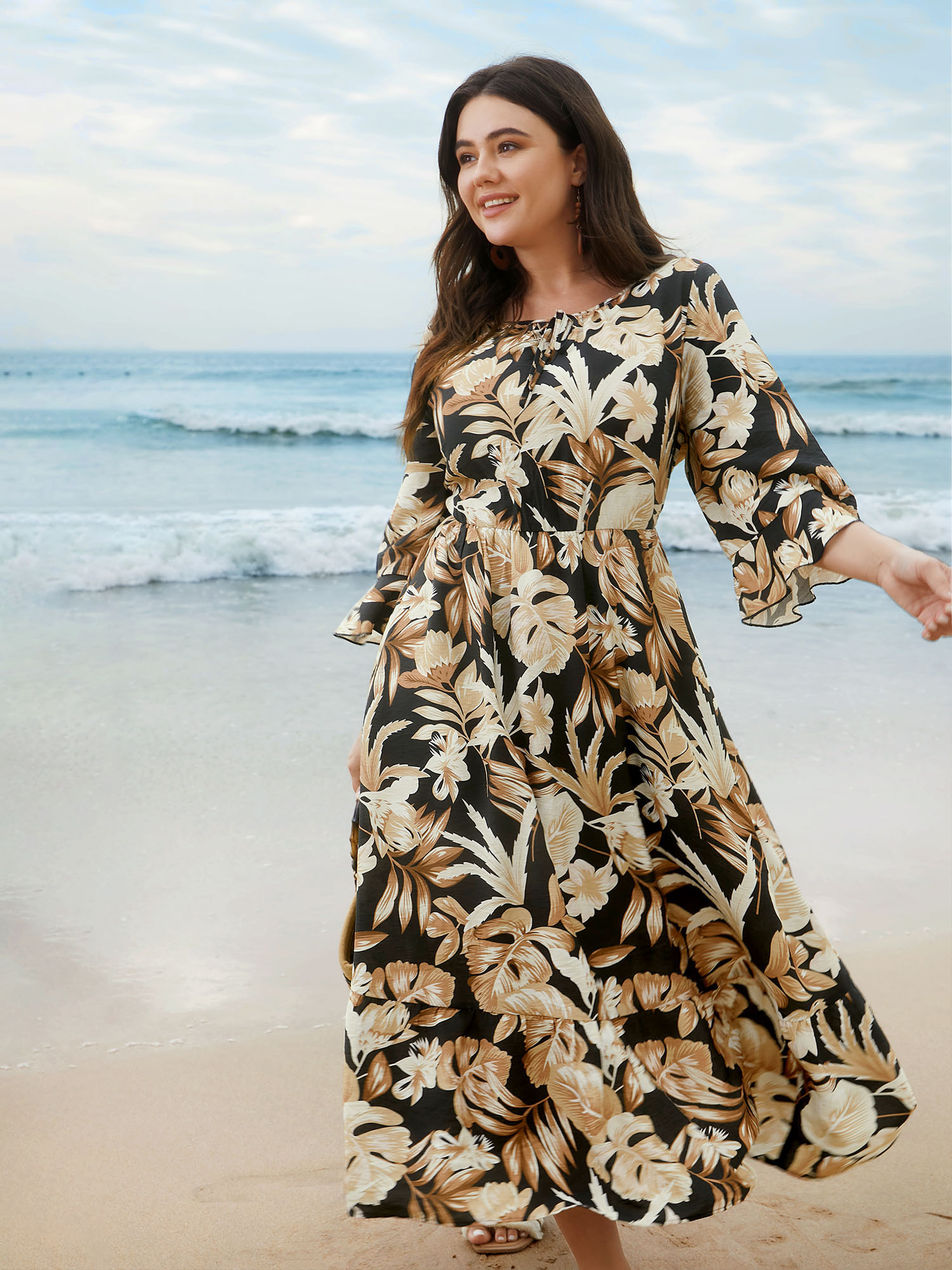 

Plus Size Tropical Leaf Print Neck-Tie Tiered Midi Dress Black Women Resort Tie knot Round Neck Elbow-length sleeve Curvy BloomChic 14/M