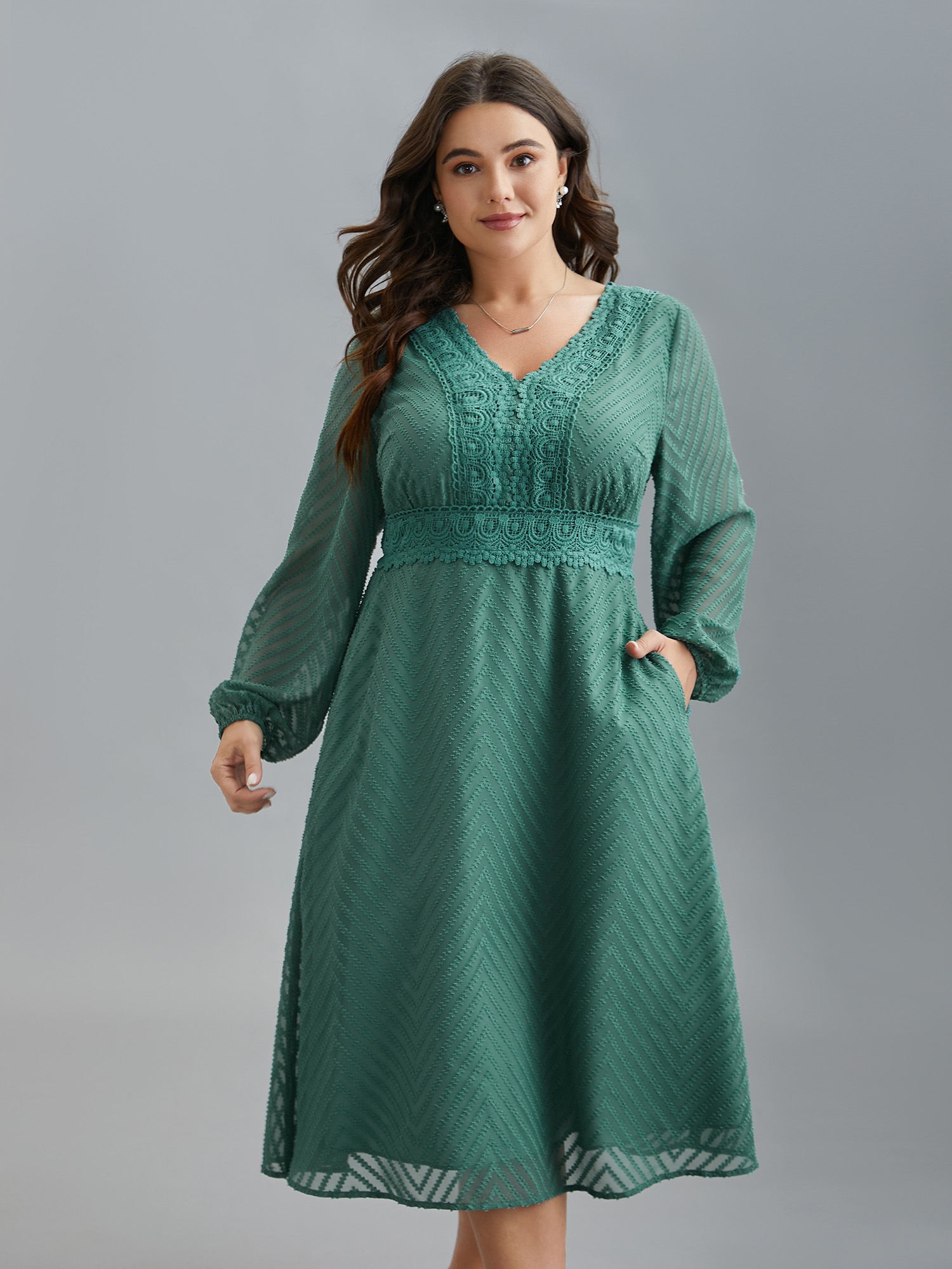 

Plus Size Sheer Textured Lace Detail Pockets Midi Dress Teal Women Elegant Woven ribbon&lace trim V-neck Long Sleeve Curvy BloomChic 34/6X