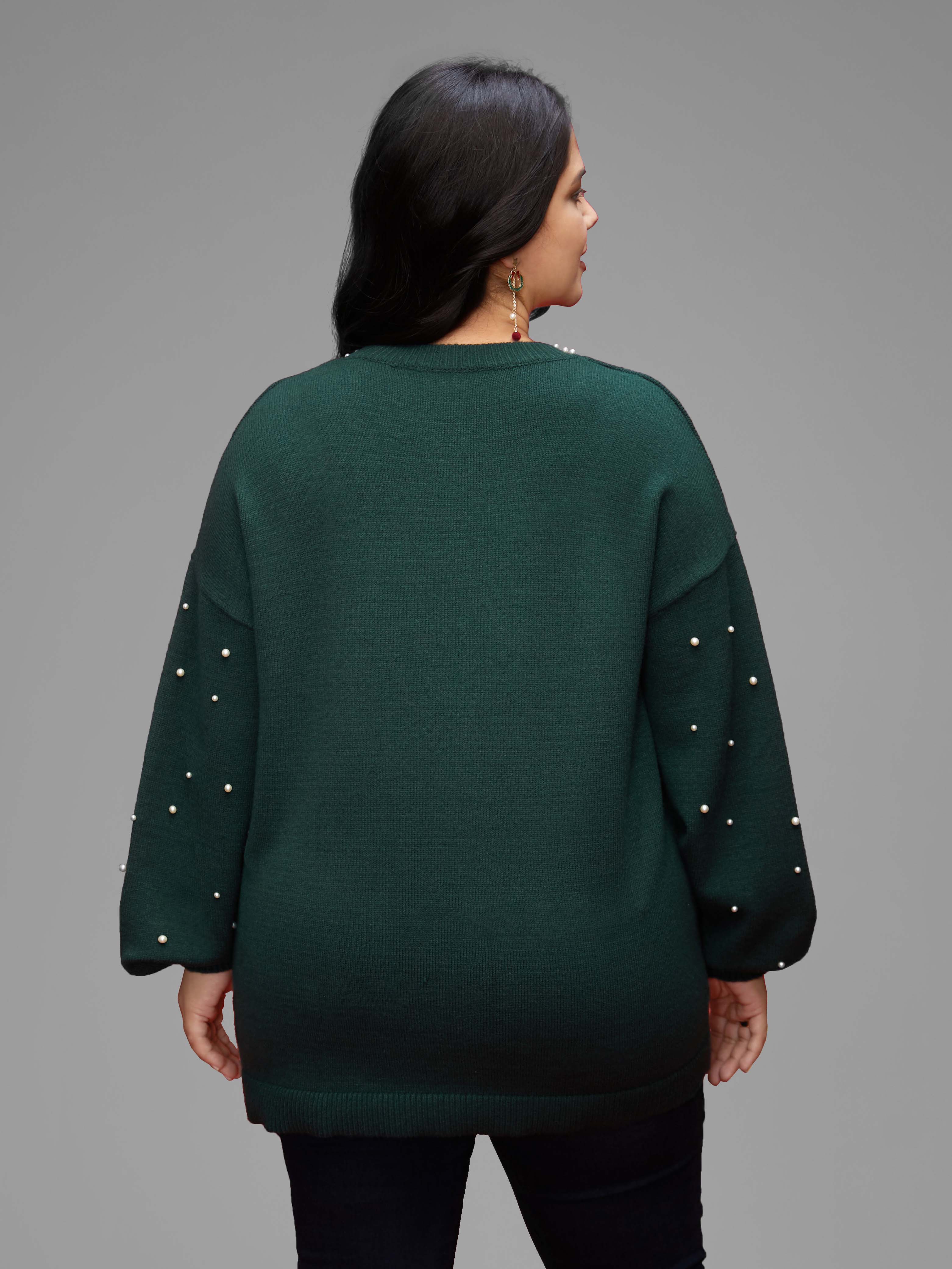 

Plus Size Supersoft Essentials Beaded Neckline Drop-Shoulder Pullover DarkGreen Women Casual Loose Long Sleeve Round Neck Everyday Pullovers BloomChic