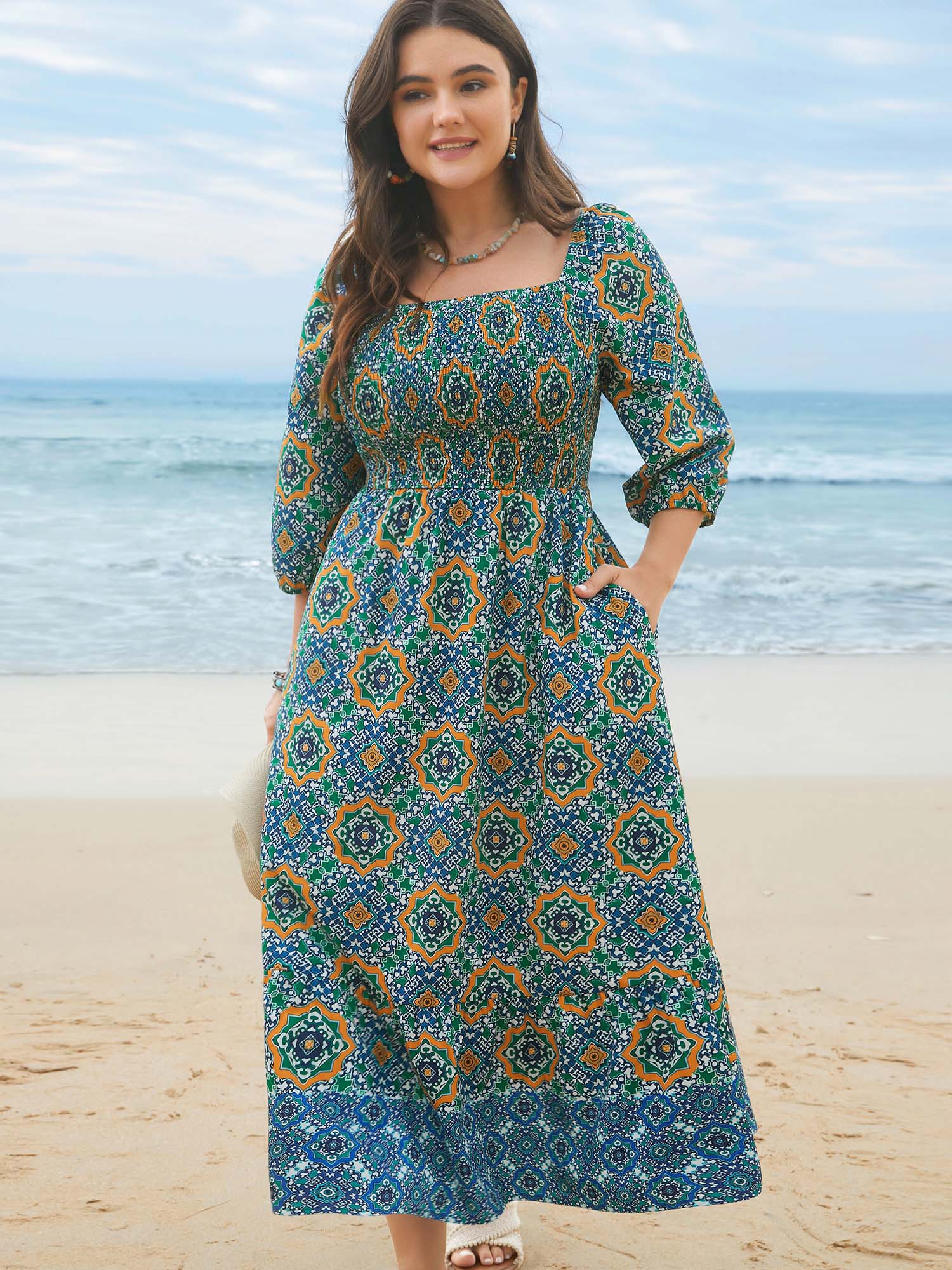 

Plus Size Ornate Print Shirred Stretchy Waist Midi Dress Emerald Women Resort Shirred Square Neck Elbow-length sleeve Curvy BloomChic 26-28/3X