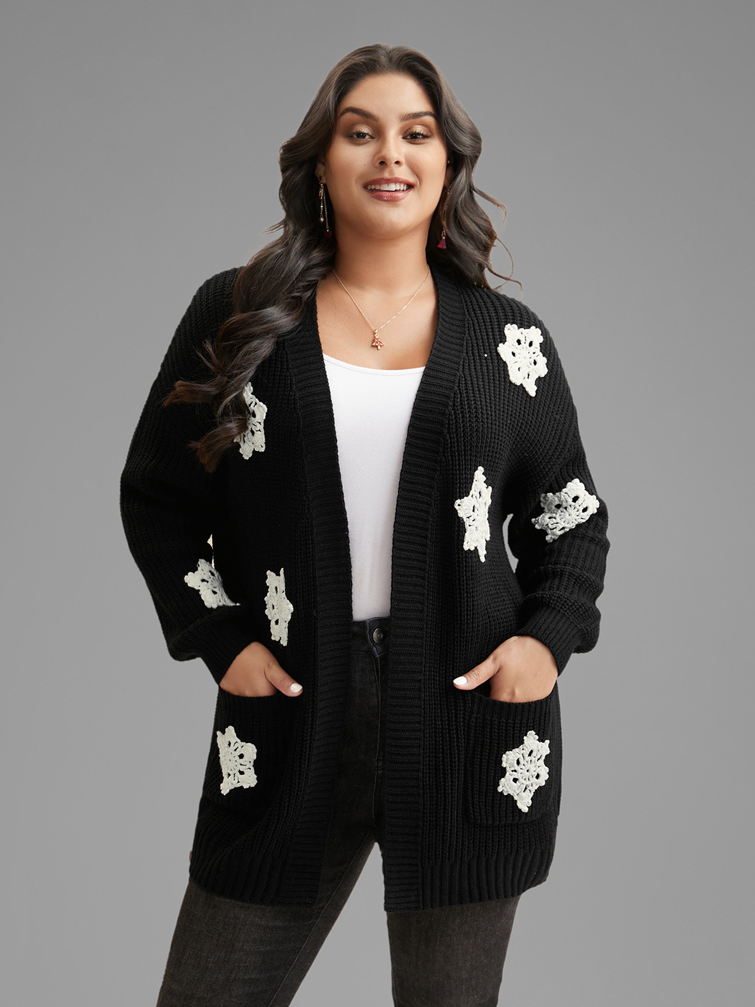 

Plus Size Snowflakes Embroidered Open Cardigan Black Women Casual Loose Long Sleeve Everyday Cardigans BloomChic