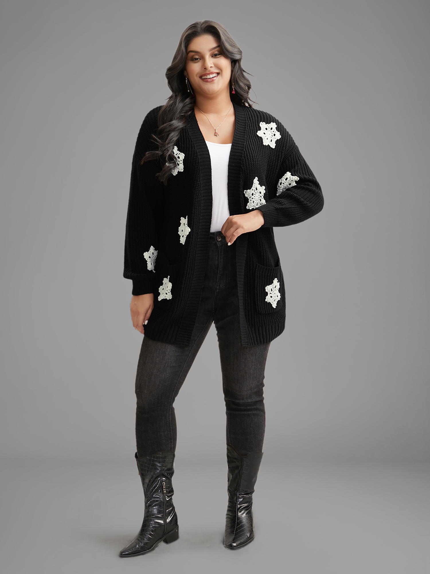 Plus Size Snowflakes Embroidered Open Cardigan Black Women Casual Loose Long Sleeve Everyday Cardigans BloomChic 10/M 