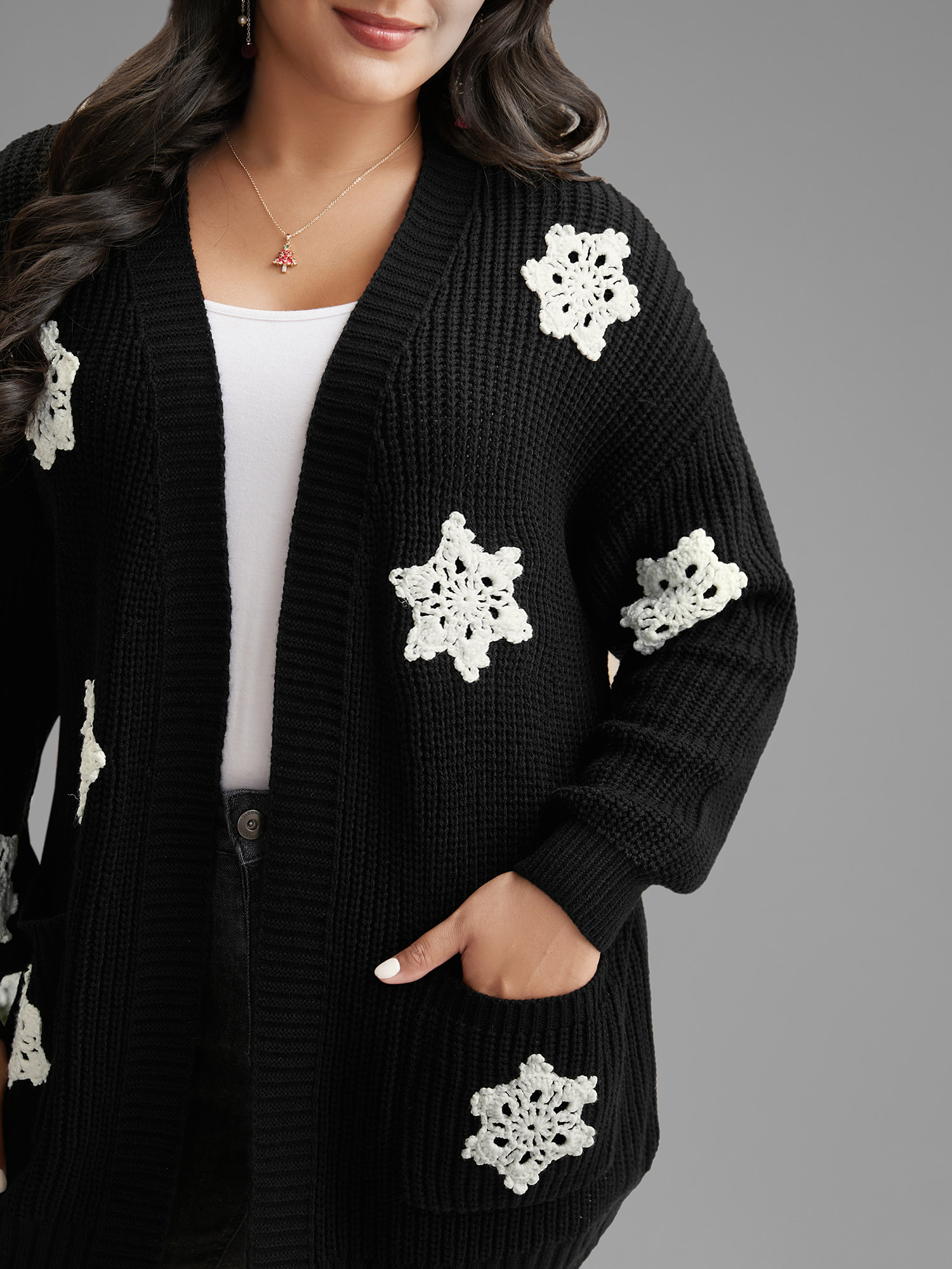 Plus Size Snowflakes Embroidered Open Cardigan Black Women Casual Loose Long Sleeve Everyday Cardigans BloomChic 10/M 