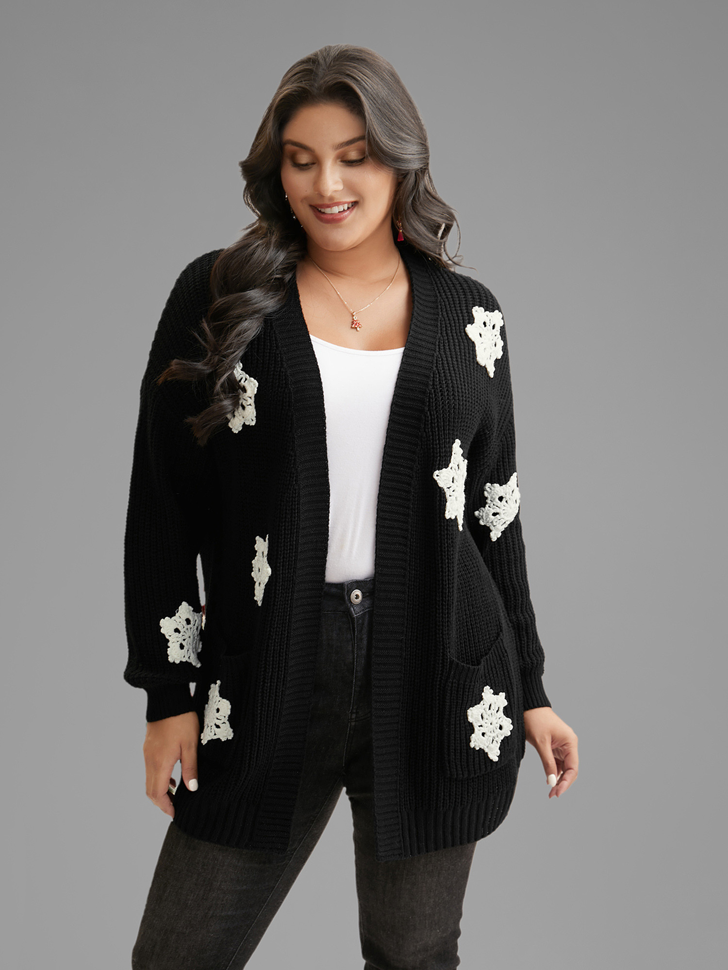 Plus Size Snowflakes Embroidered Open Cardigan Black Women Casual Loose Long Sleeve Everyday Cardigans BloomChic 10/M 